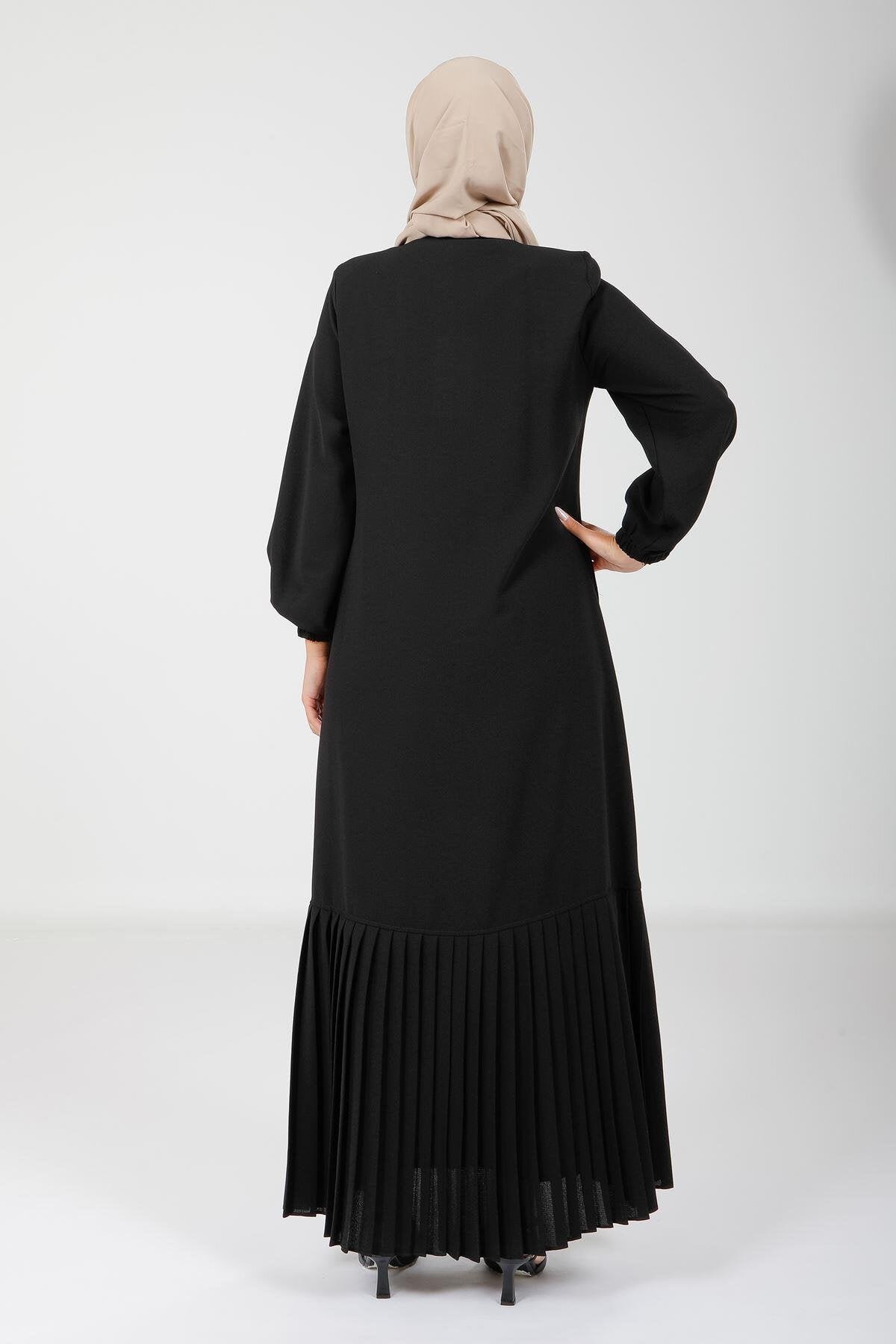 Pleated Buttoned Side-Pocket Ferace - Black - Beyza