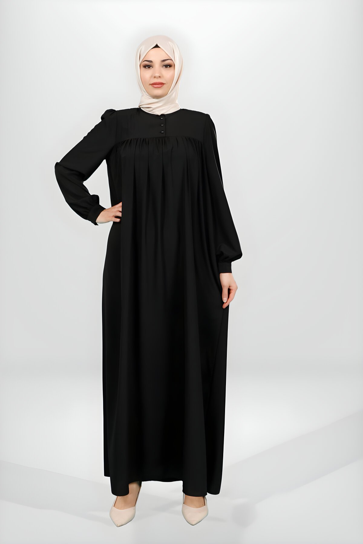 Siyah Robadan Kesim Manşeti Düğmeli Tesettür Elbise - Beyza