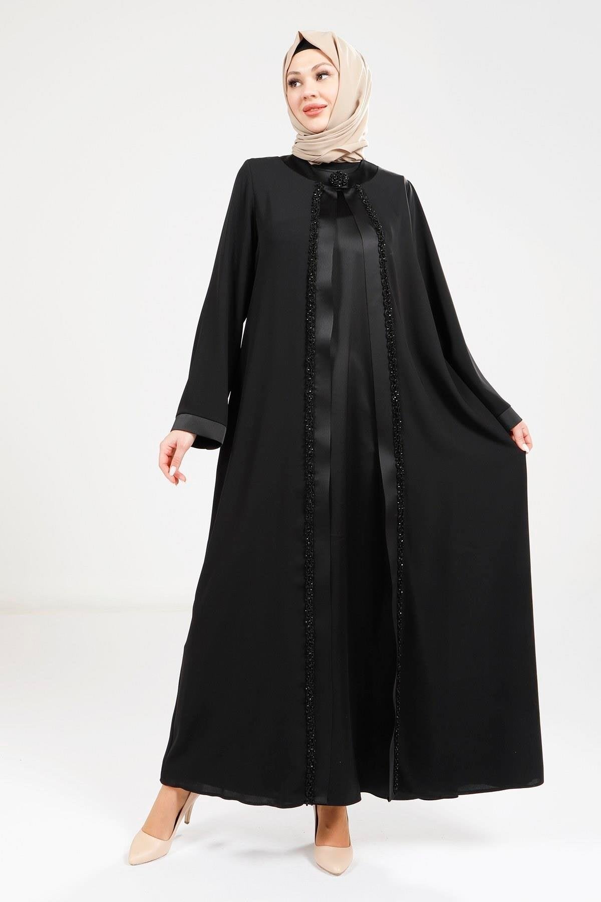 Satin Dress-Detail Ferace Abaya - Black - Beyza