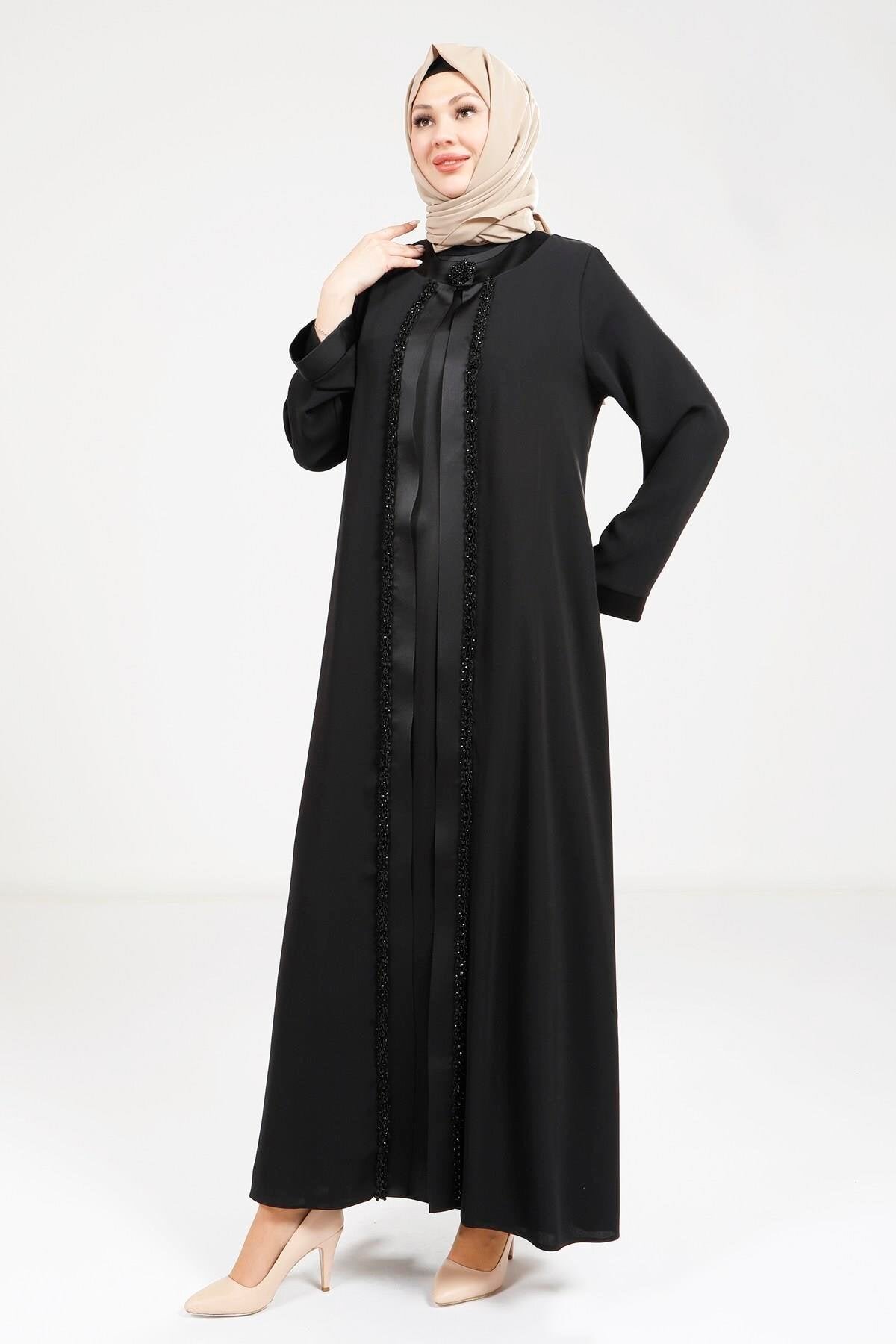Satin Dress-Detail Ferace Abaya - Black - Beyza