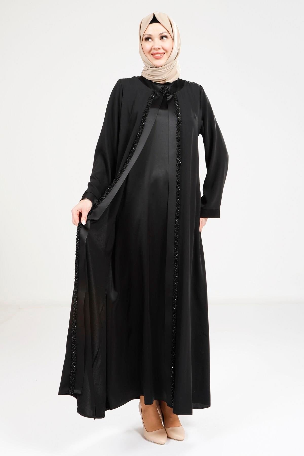 Satin Dress-Detail Ferace Abaya - Black - Beyza