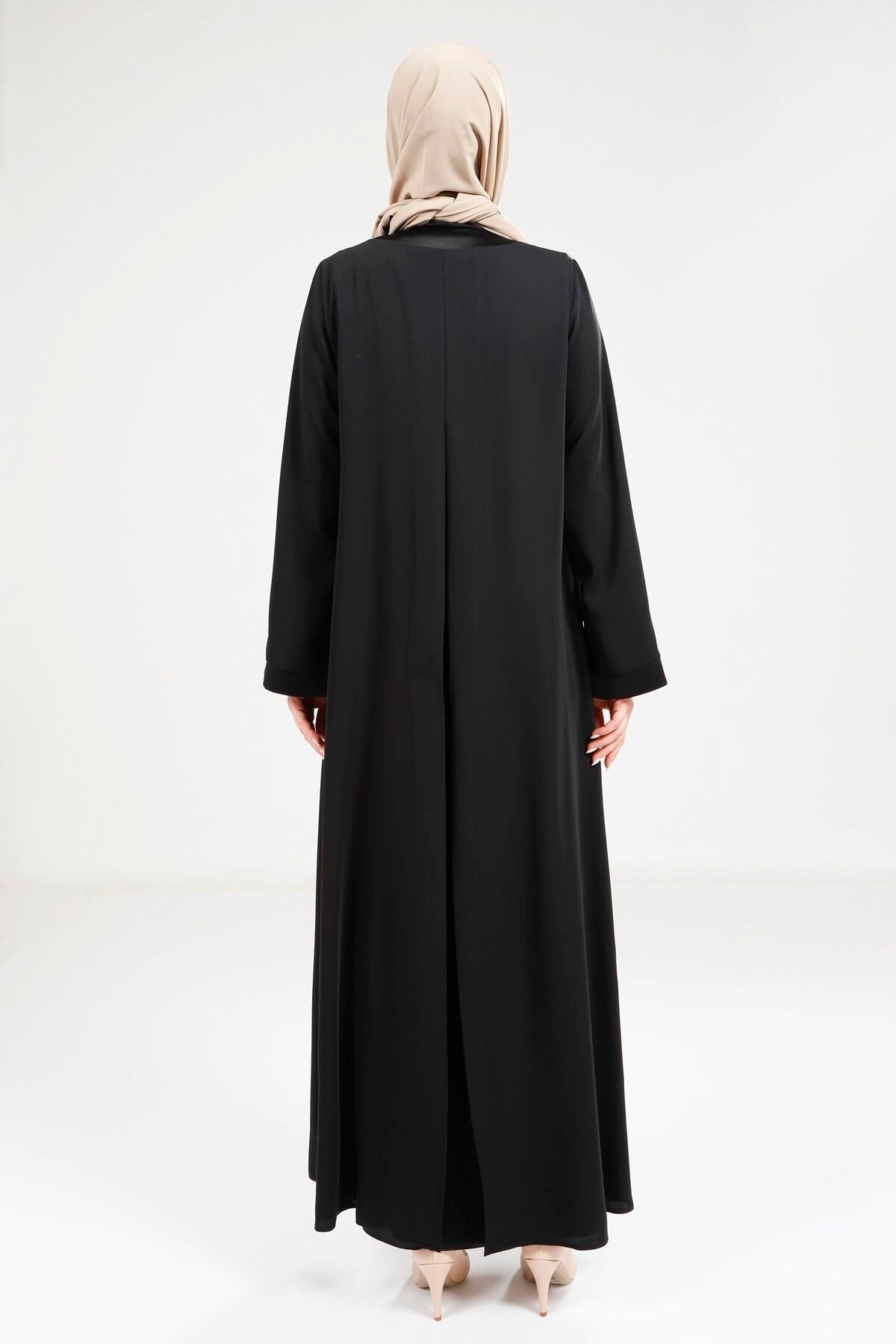 Satin Dress-Detail Ferace Abaya - Black - Beyza