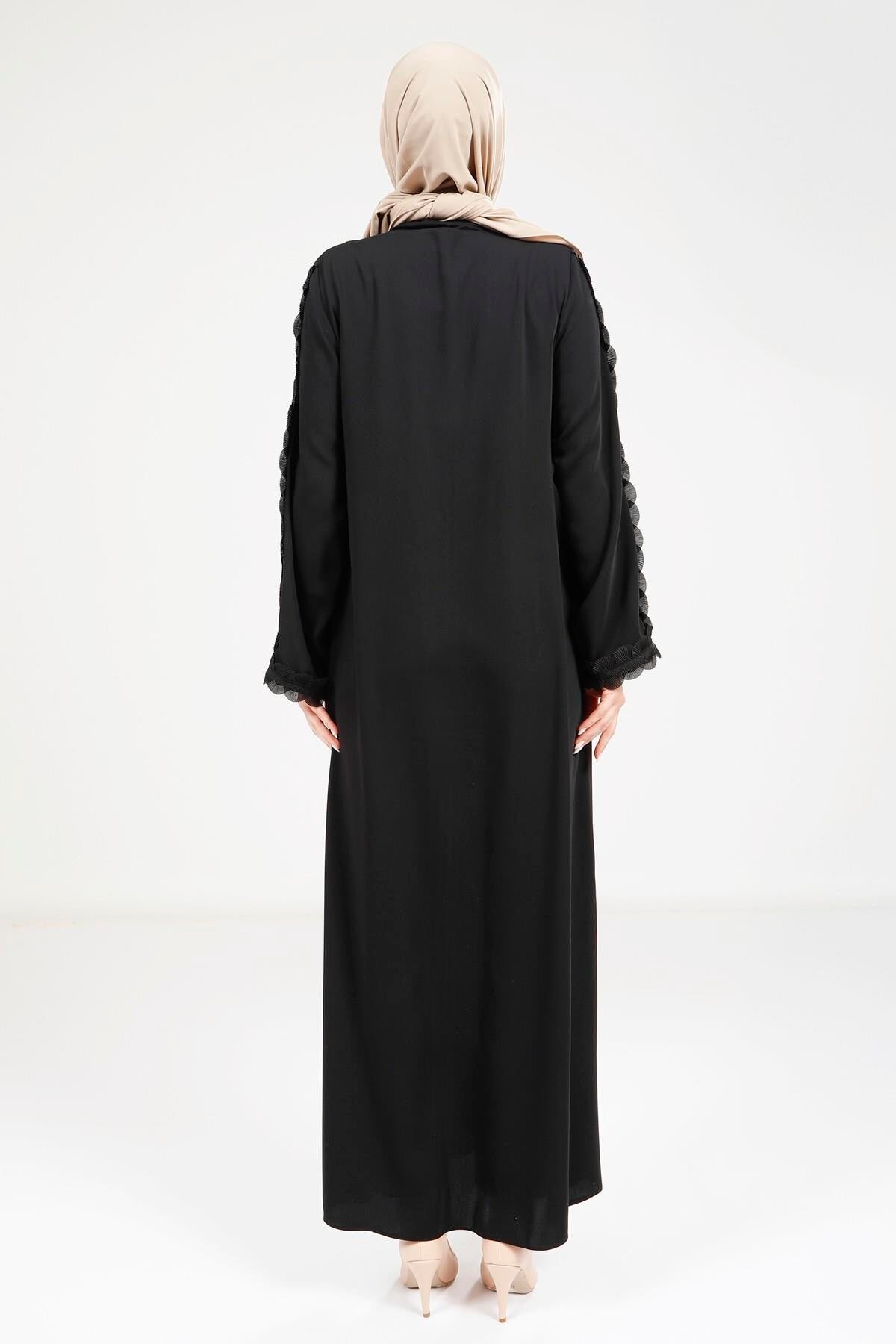 Striped Guipure Abaya - Black - Beyza