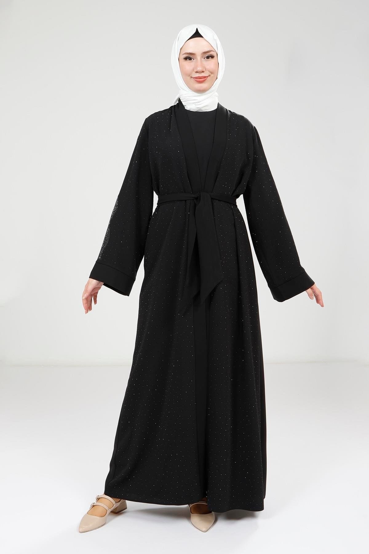 Scattered Stone Detail Abaya Set - Black - Beyza