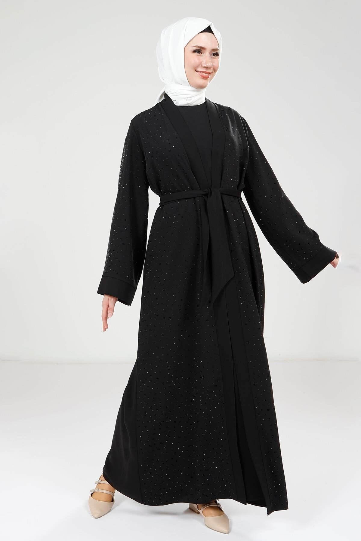Scattered Stone Detail Abaya Set - Black - Beyza