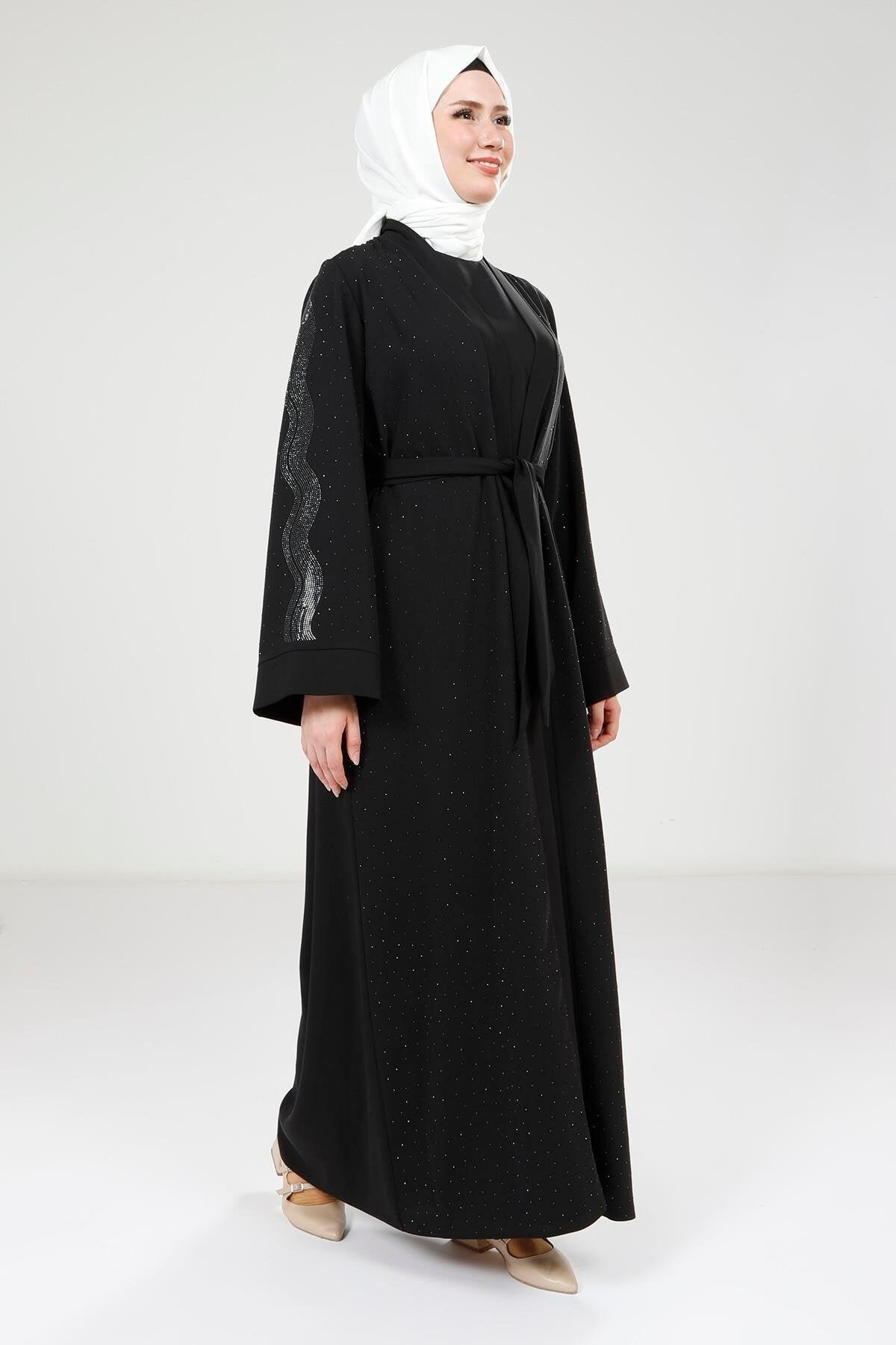 Scattered Stone Detail Abaya Set - Black - Beyza