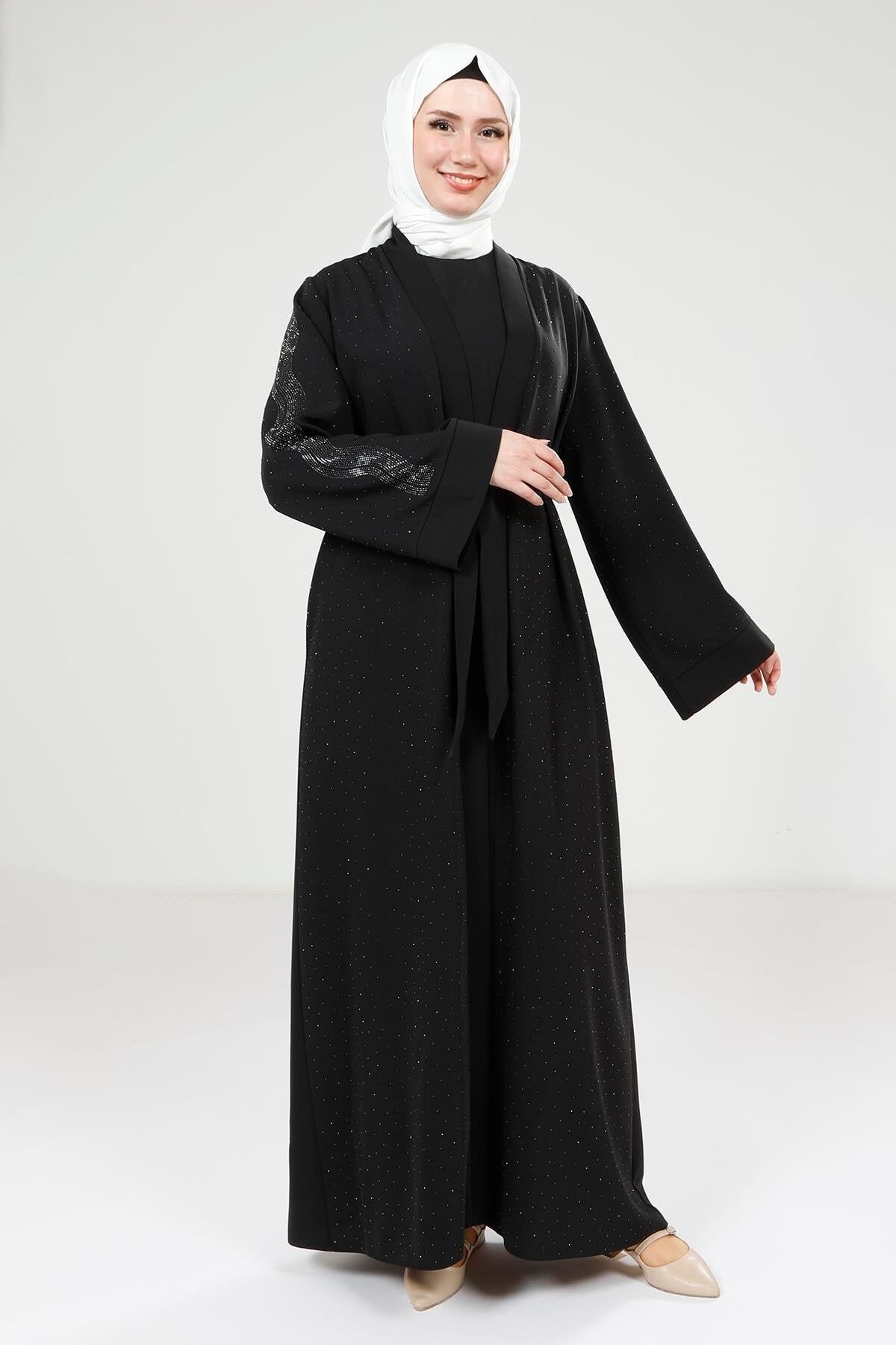 Scattered Stone Detail Abaya Set - Black - Beyza