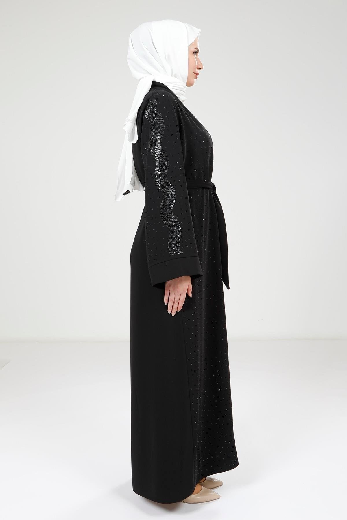 Scattered Stone Detail Abaya Set - Black - Beyza