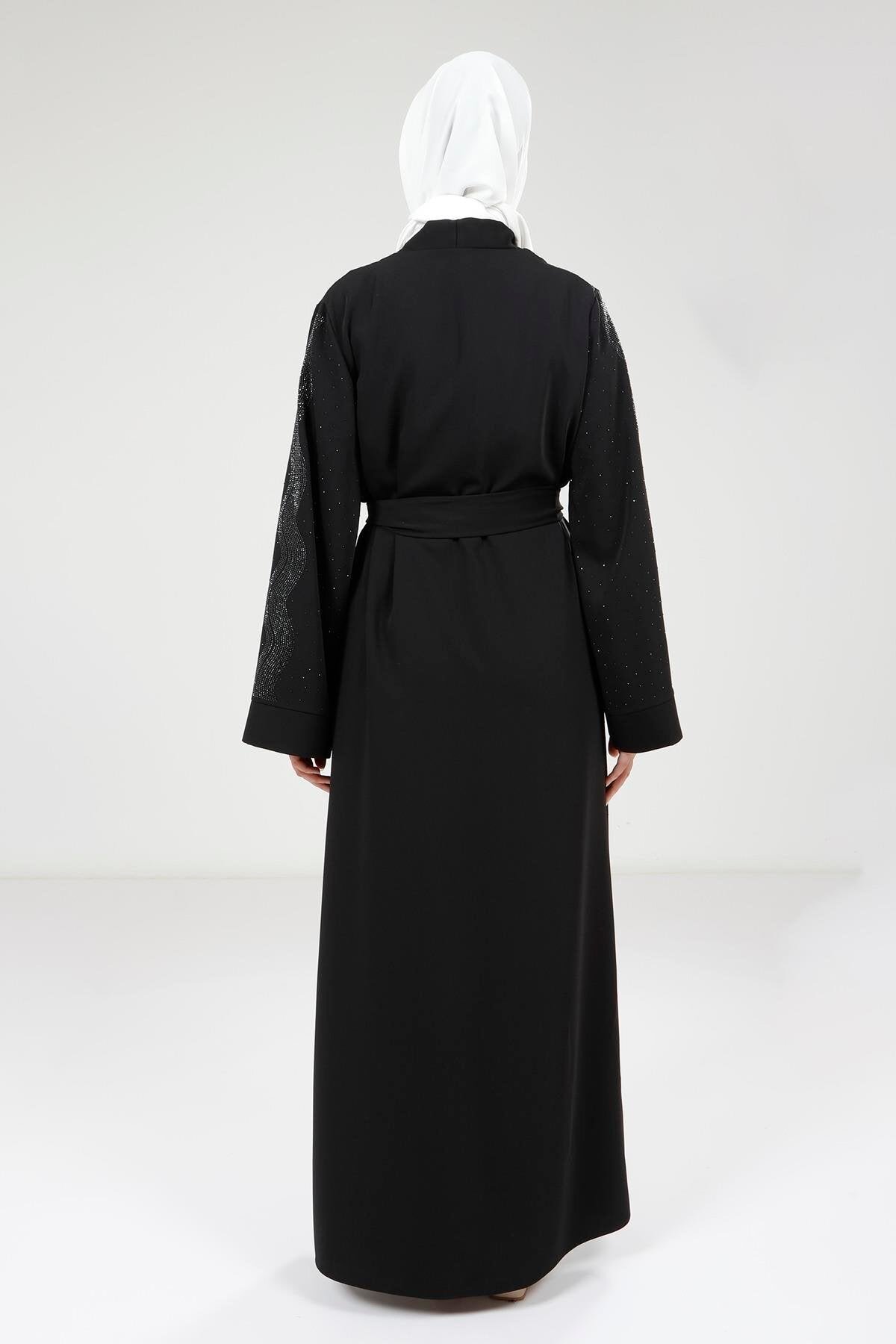 Scattered Stone Detail Abaya Set - Black - Beyza