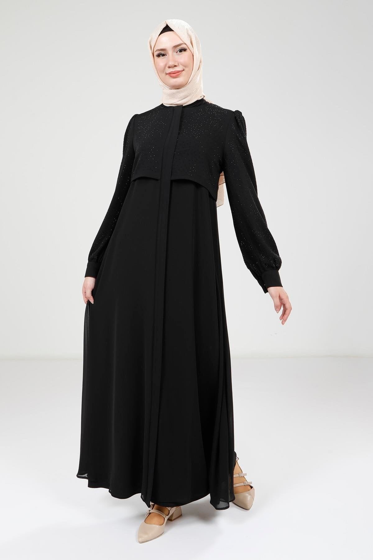 Scattered Stone Detail Ferace Abaya - Black - Beyza