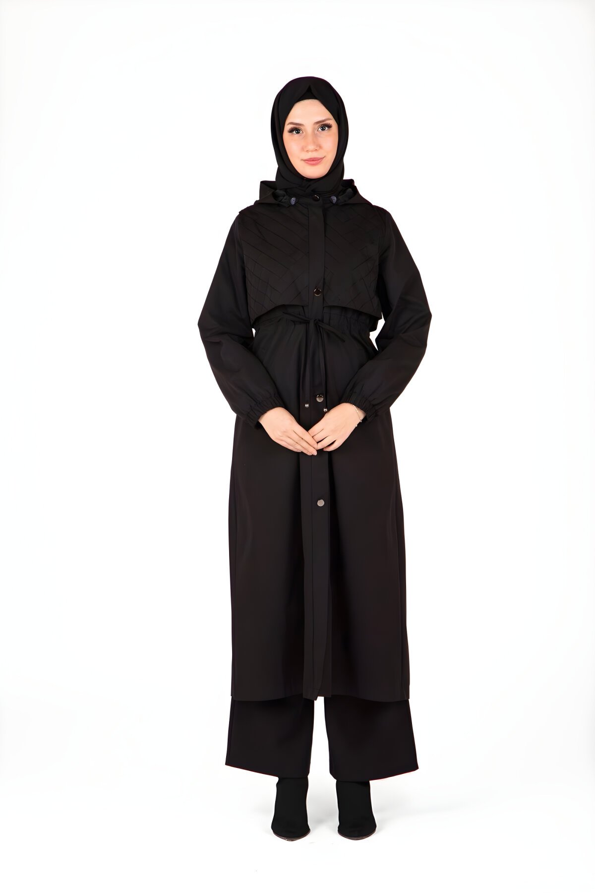 Siyah Seyyar Kapüşonlu Trençkot - Beyza