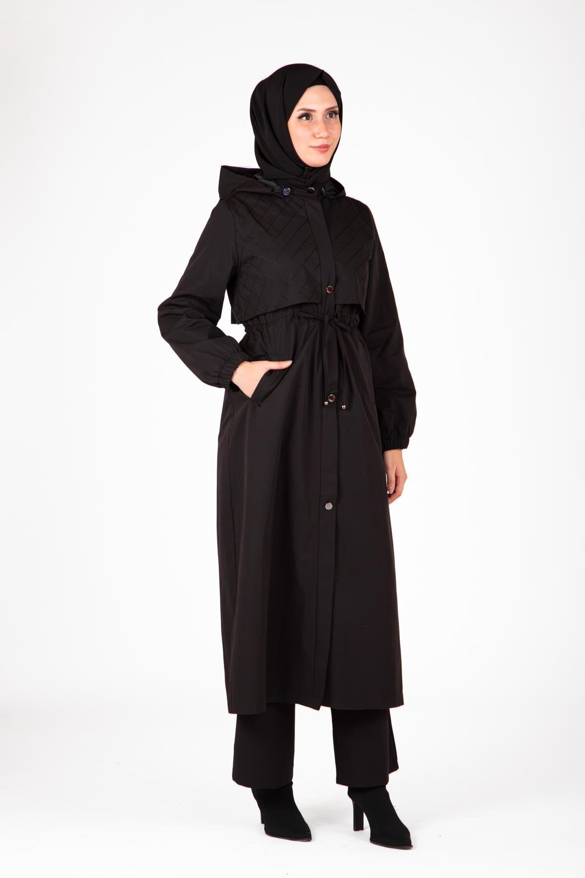 Hooded Detachable Trench Coat - Black - Beyza