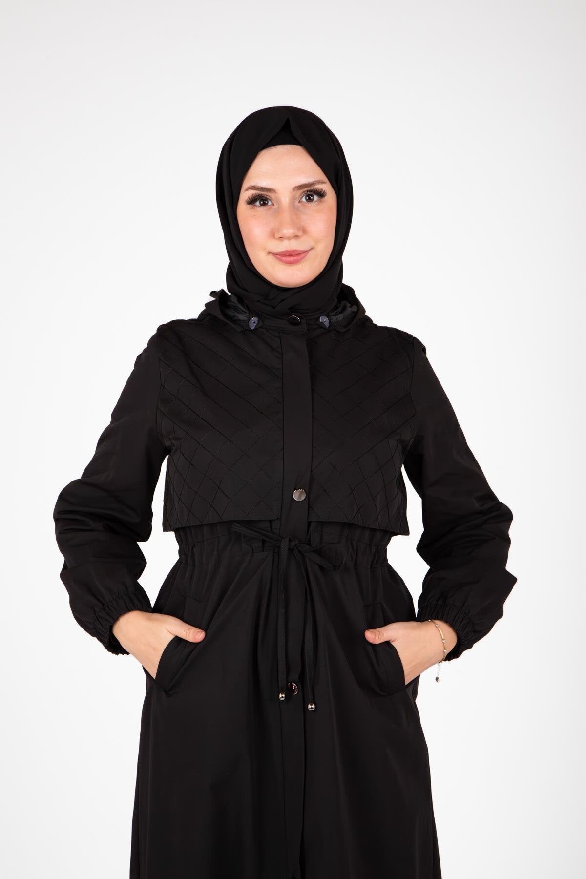 Hooded Detachable Trench Coat - Black - Beyza