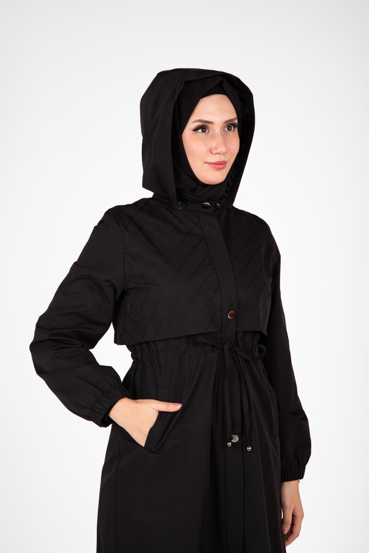 Hooded Detachable Trench Coat - Black - Beyza