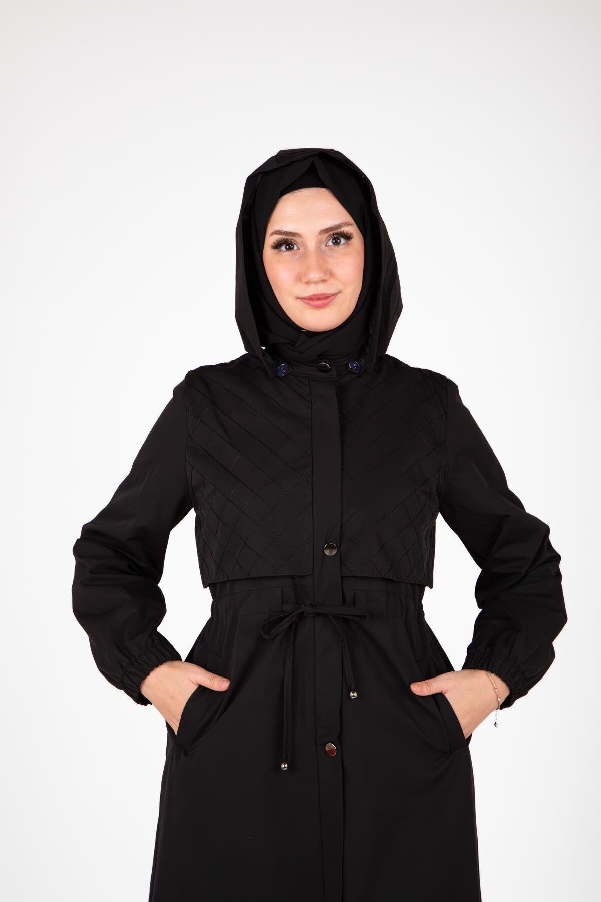 Hooded Detachable Trench Coat - Black - Beyza