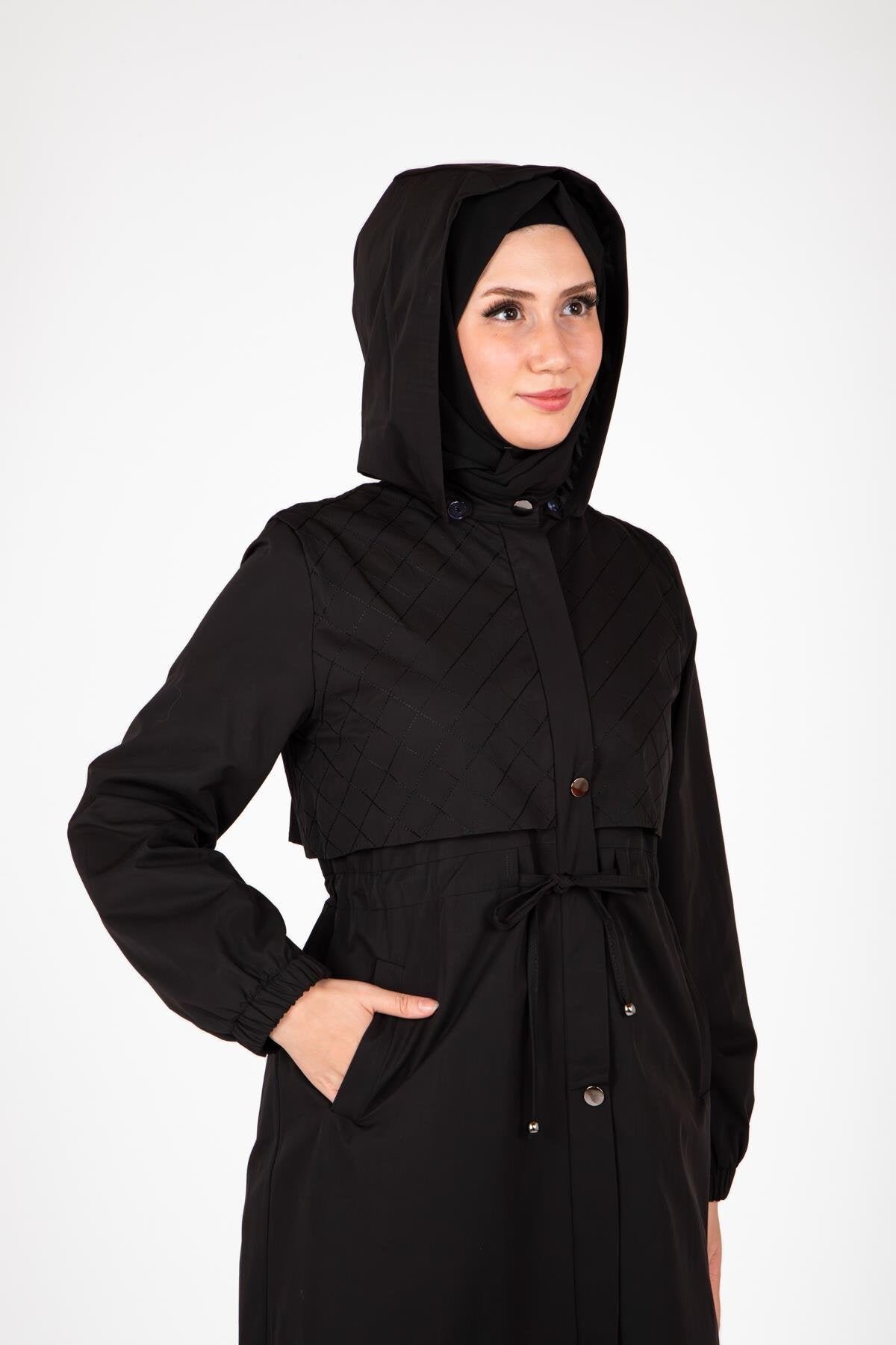 Hooded Detachable Trench Coat - Black - Beyza
