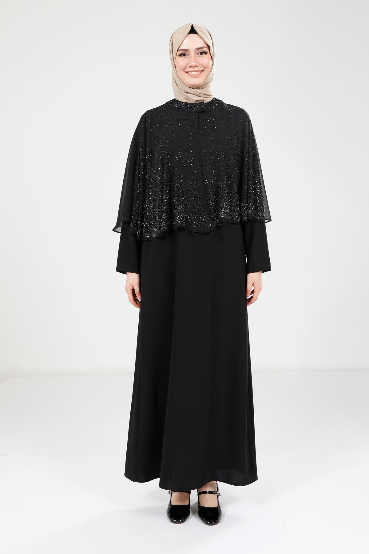 Modest Chiffon Caped Evening Dress - Black - Beyza