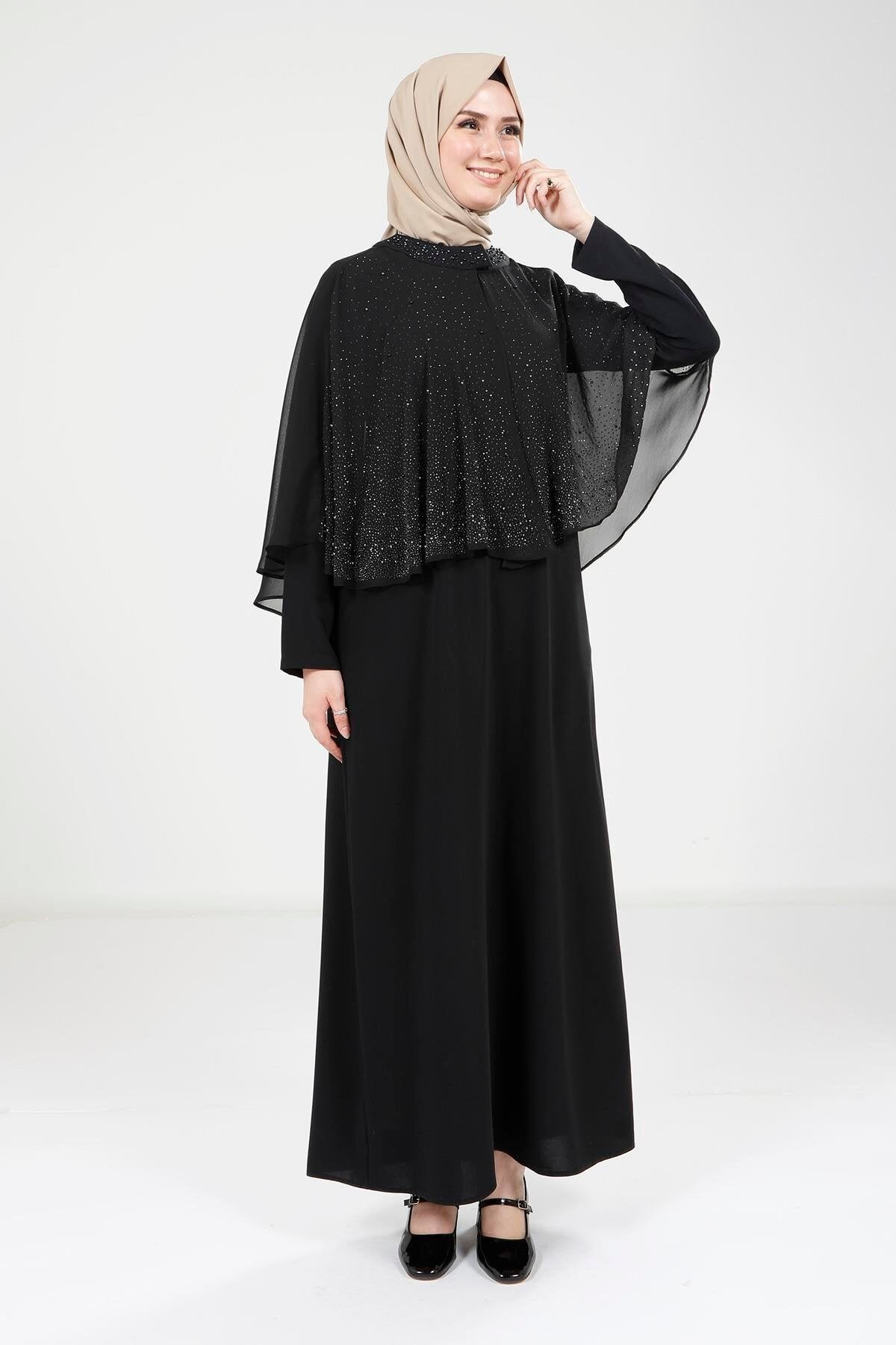 Modest Chiffon Caped Evening Dress - Black - Beyza
