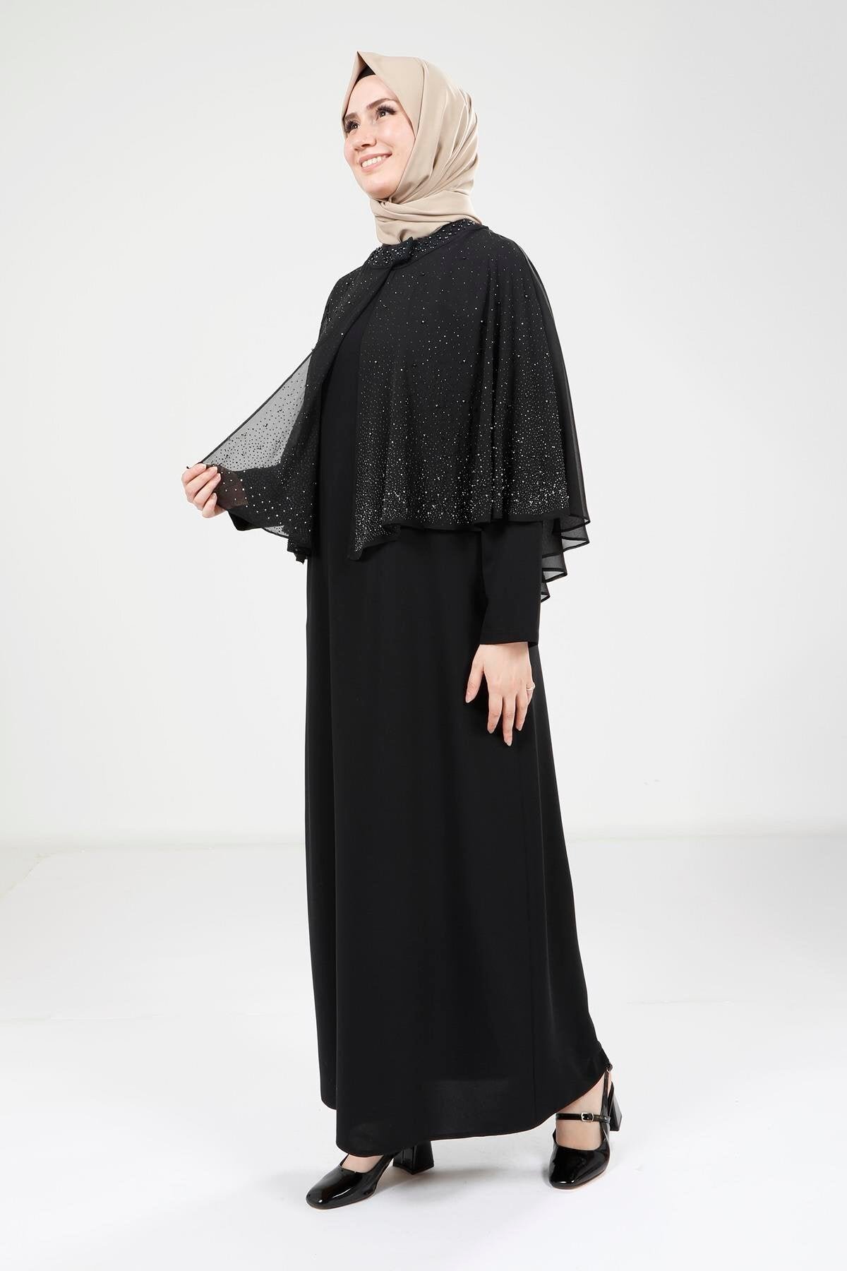 Modest Chiffon Caped Evening Dress - Black - Beyza
