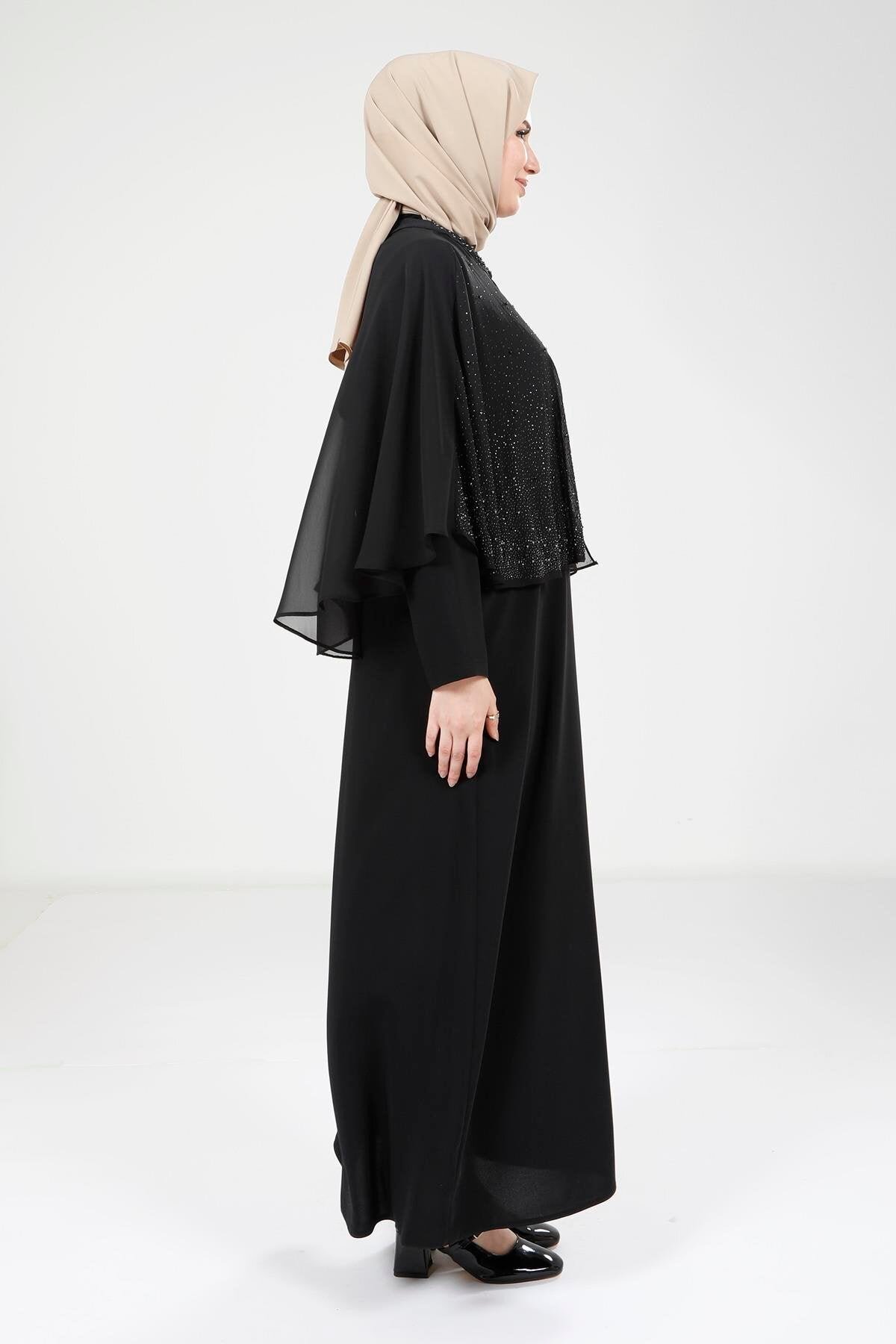 Modest Chiffon Caped Evening Dress - Black - Beyza