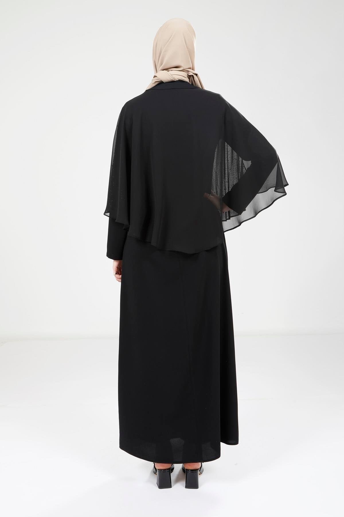 Modest Chiffon Caped Evening Dress - Black - Beyza