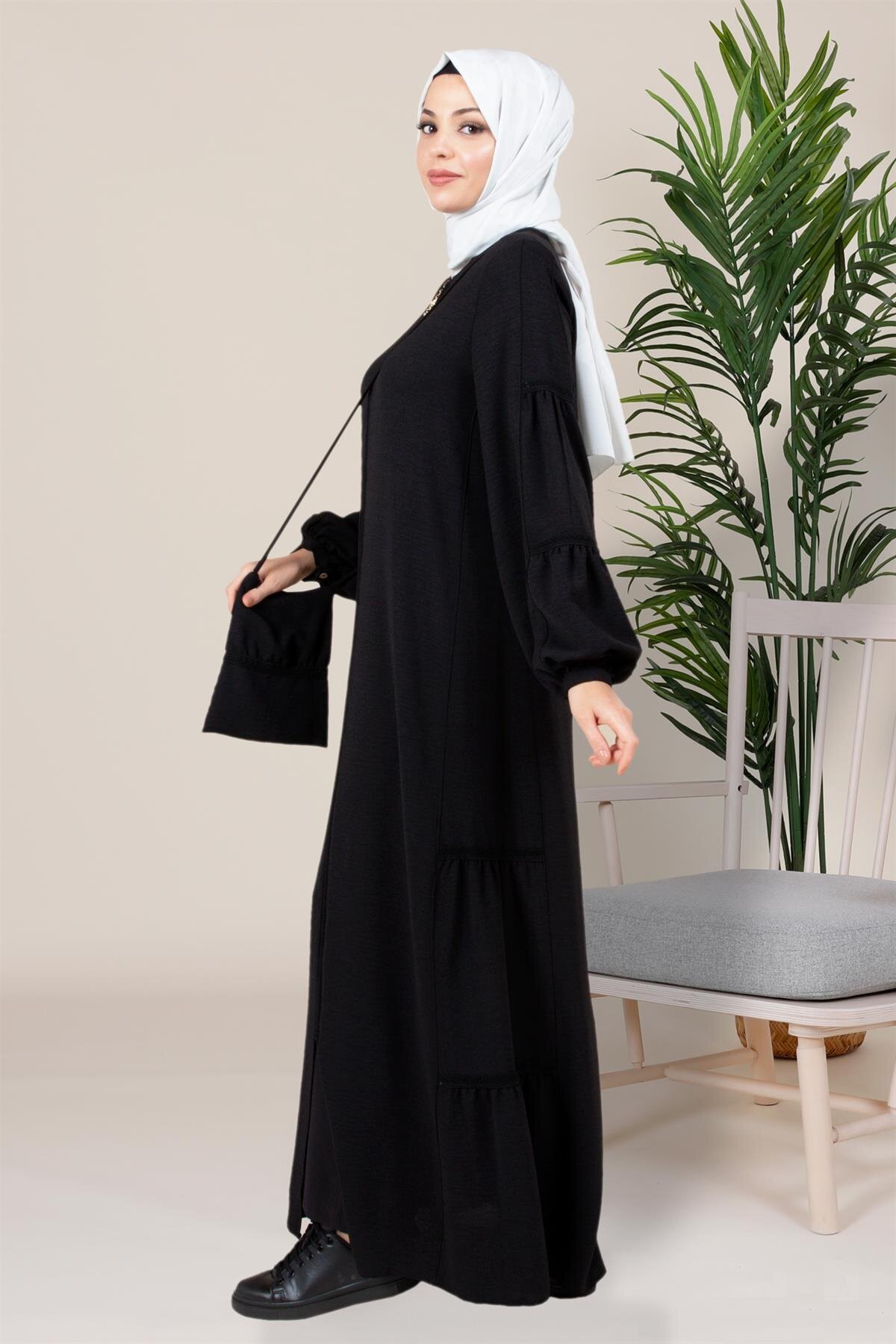 Lace-Trimmed Detachable Bag Abaya - Black - Beyza