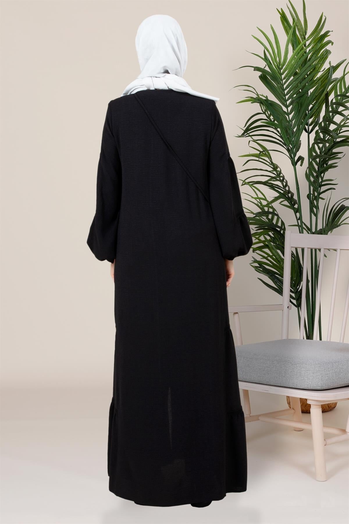 Lace-Trimmed Detachable Bag Abaya - Black - Beyza