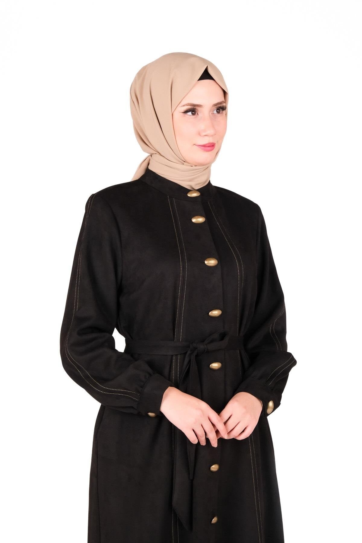 Siyah Süet Kumaş Düğmeli Giyçık - Beyza