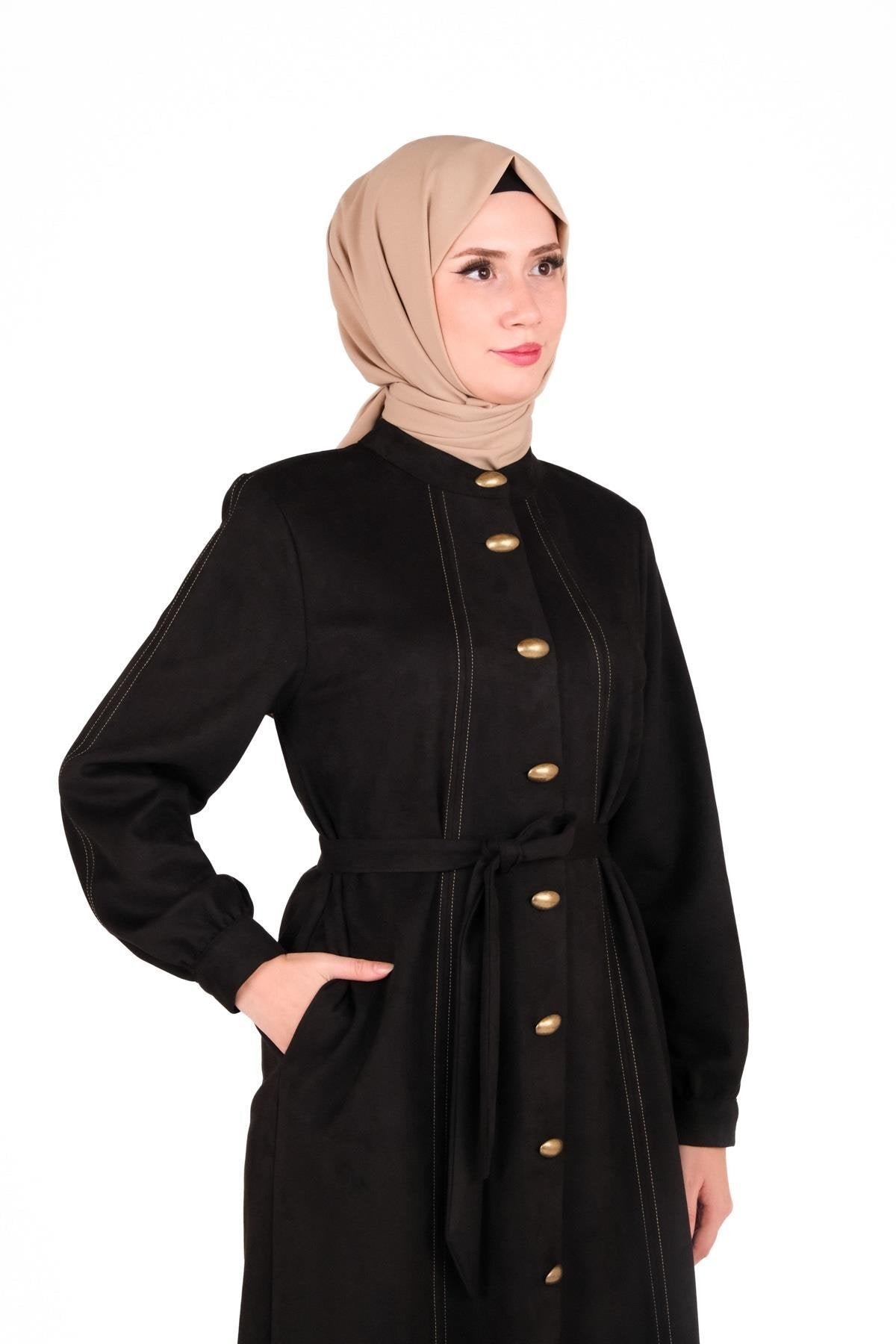 Siyah Süet Kumaş Düğmeli Giyçık - Beyza