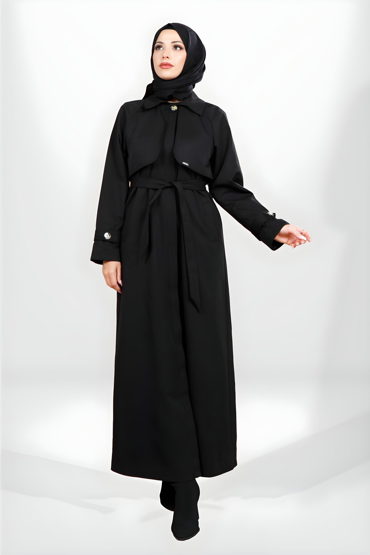 Siyah Tam Boy Rüzgarlık Detaylı Kuşaklı Trençkot - Beyza