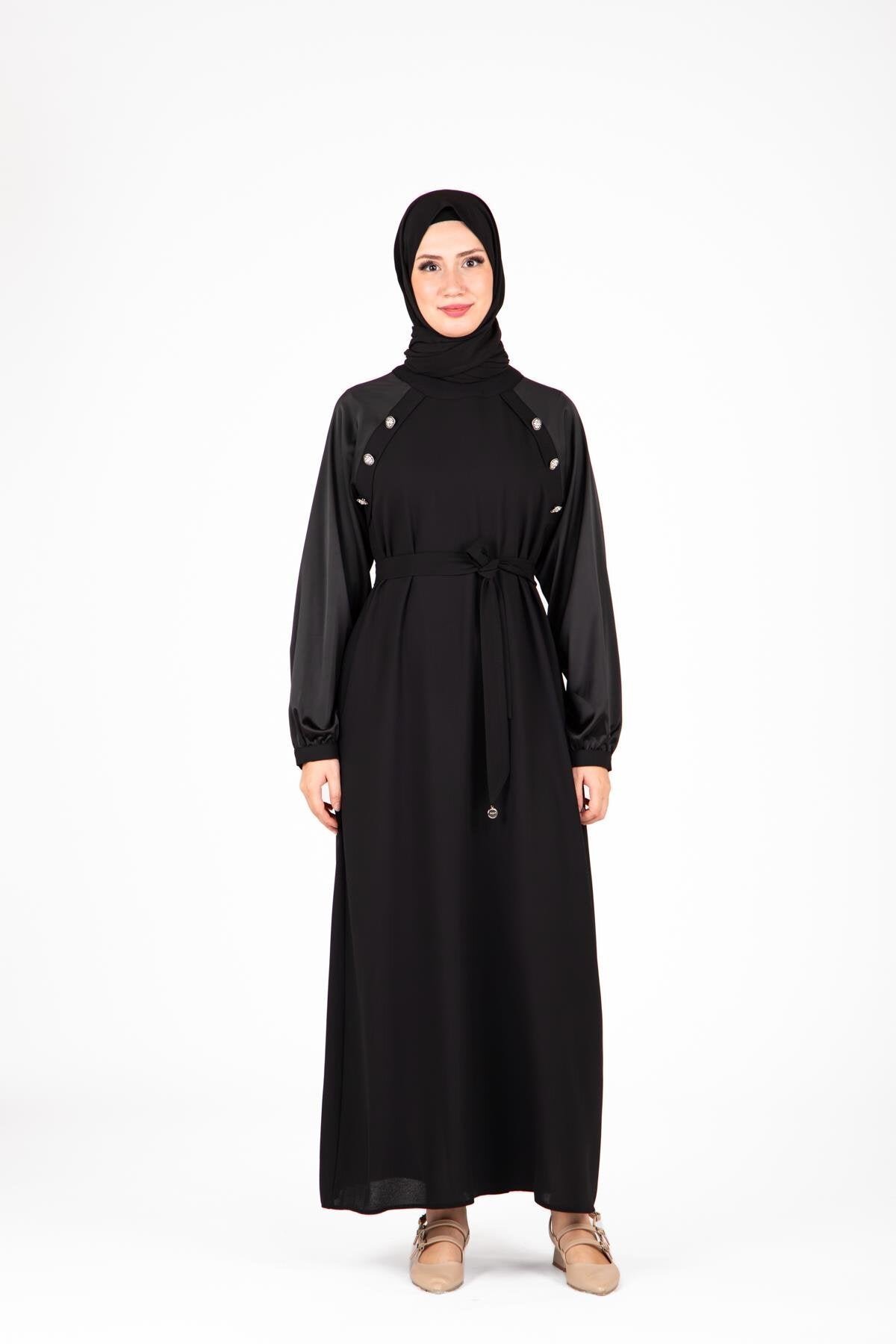 Shoulder-Detail Stone-Embellished Modest Evening Dress - Black - Beyza
