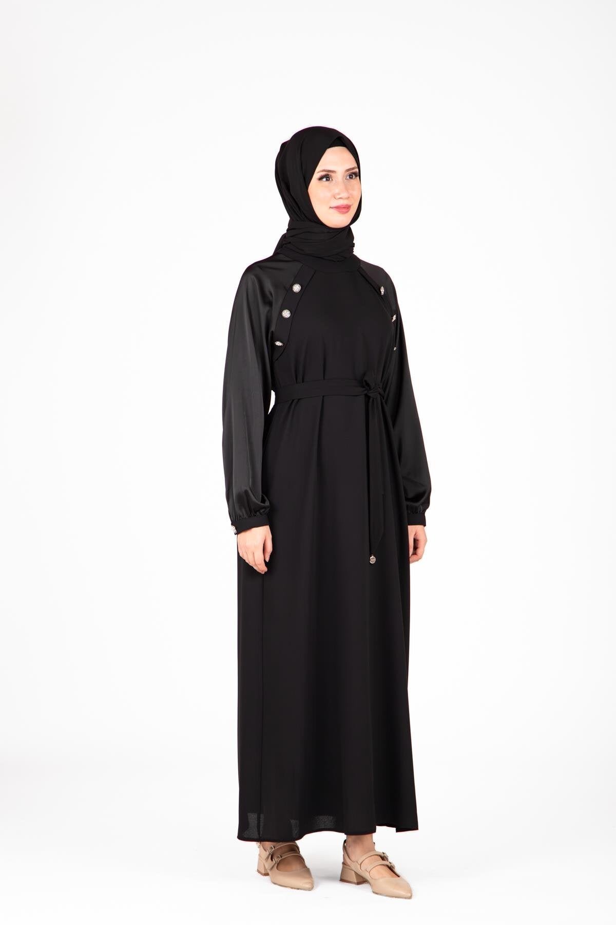 Shoulder-Detail Stone-Embellished Modest Evening Dress - Black - Beyza