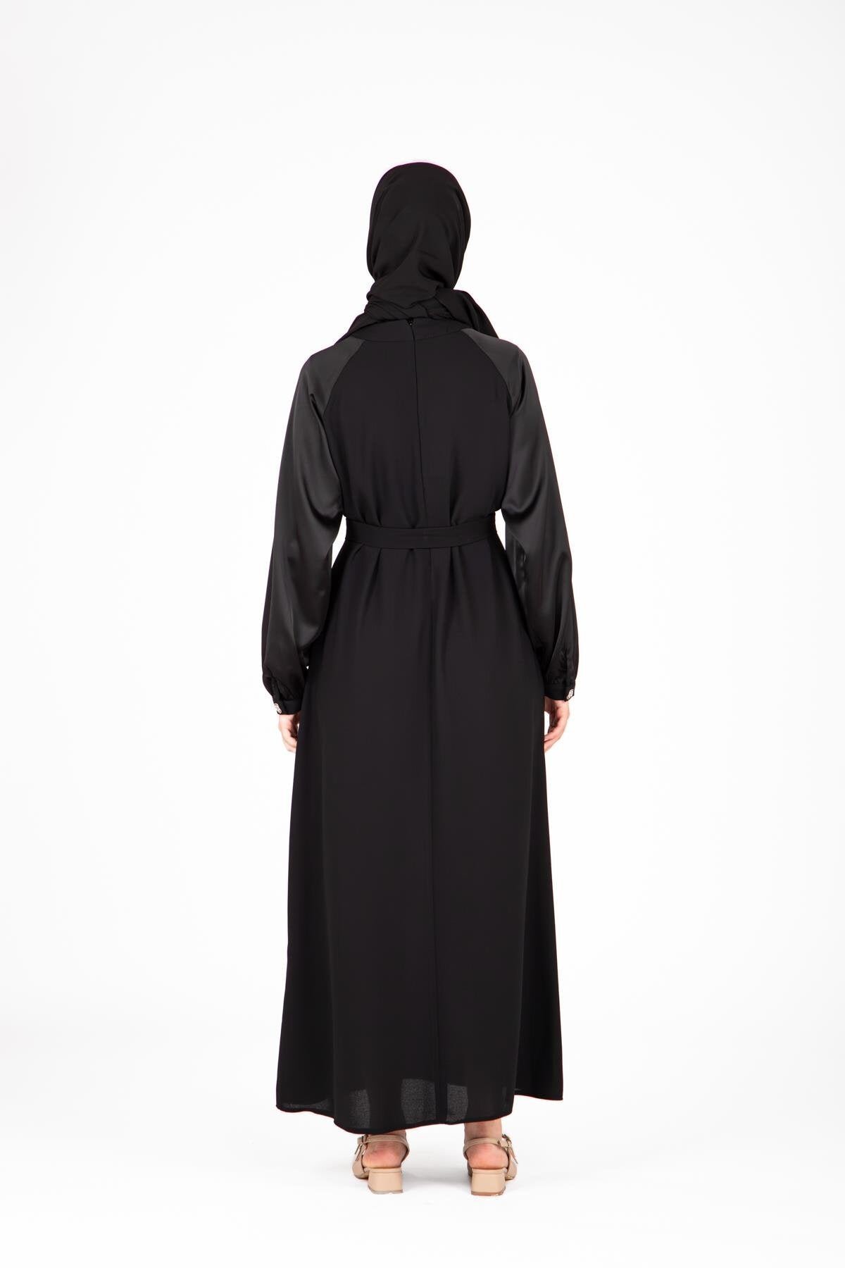 Shoulder-Detail Stone-Embellished Modest Evening Dress - Black - Beyza