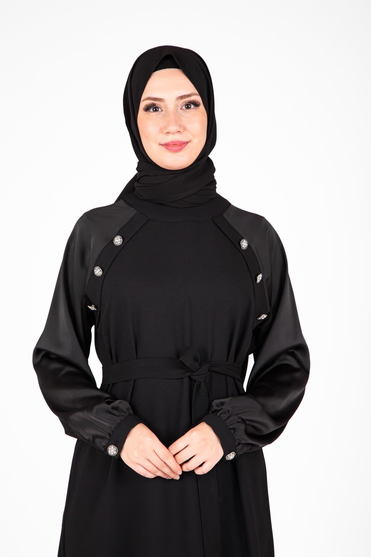 Shoulder-Detail Stone-Embellished Modest Evening Dress - Black - Beyza