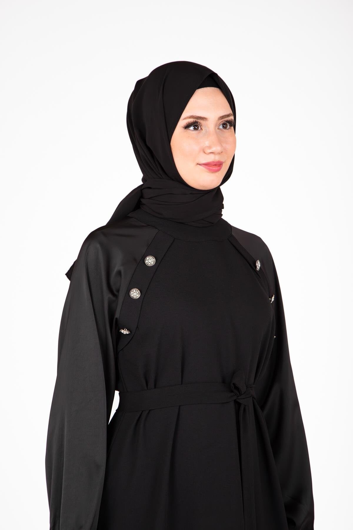 Shoulder-Detail Stone-Embellished Modest Evening Dress - Black - Beyza