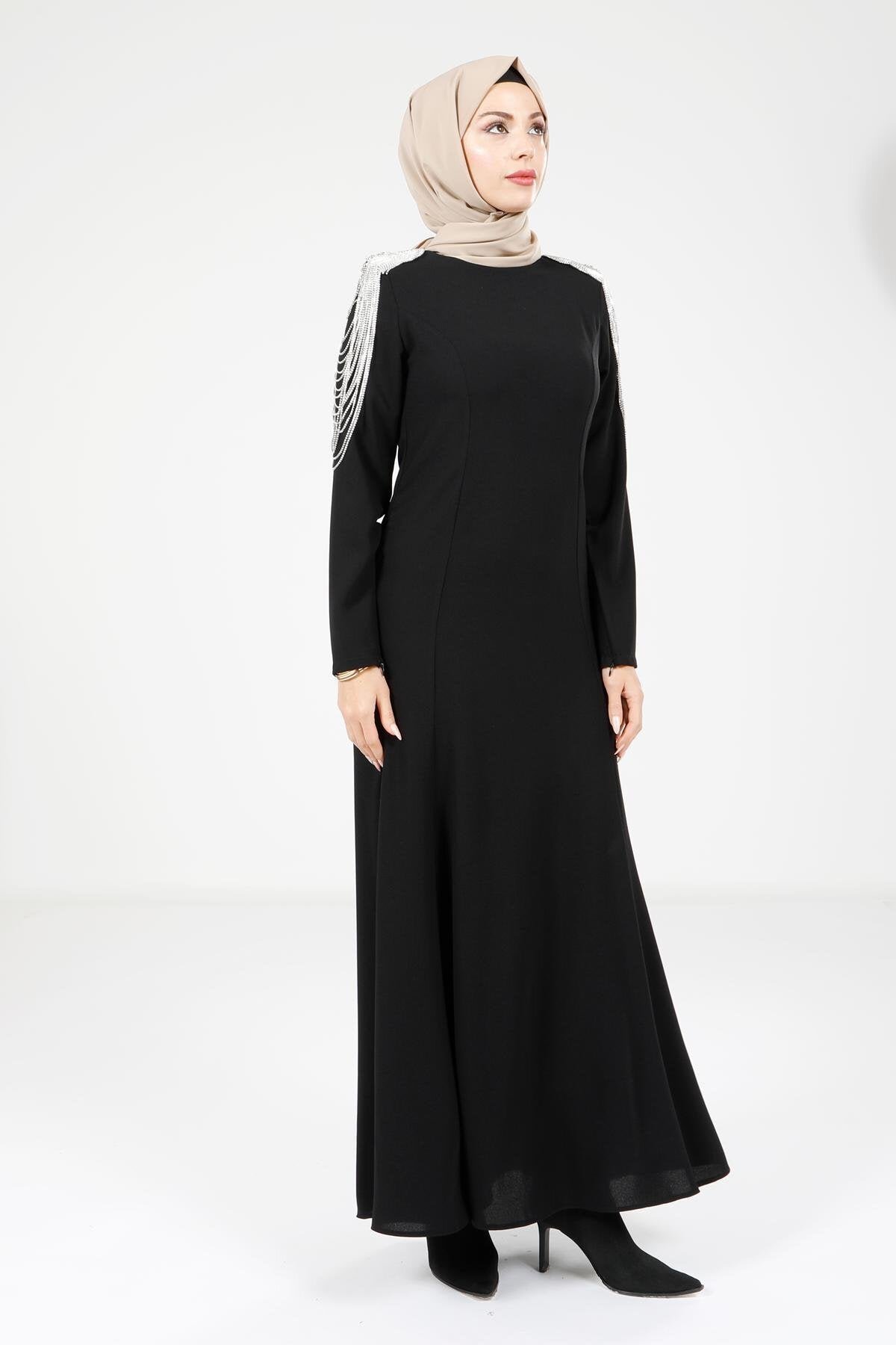 Modest Evening Jeweled Dress - Black - Beyza