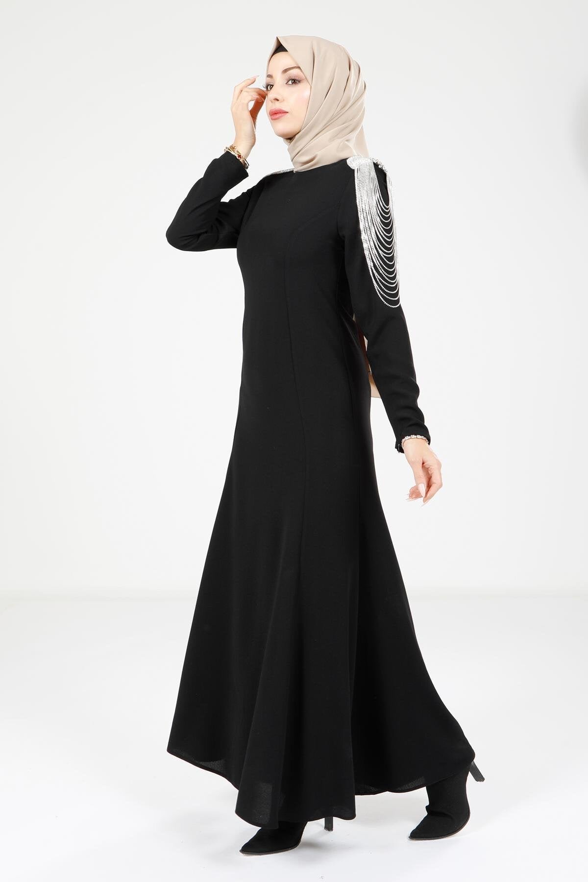 Modest Evening Jeweled Dress - Black - Beyza