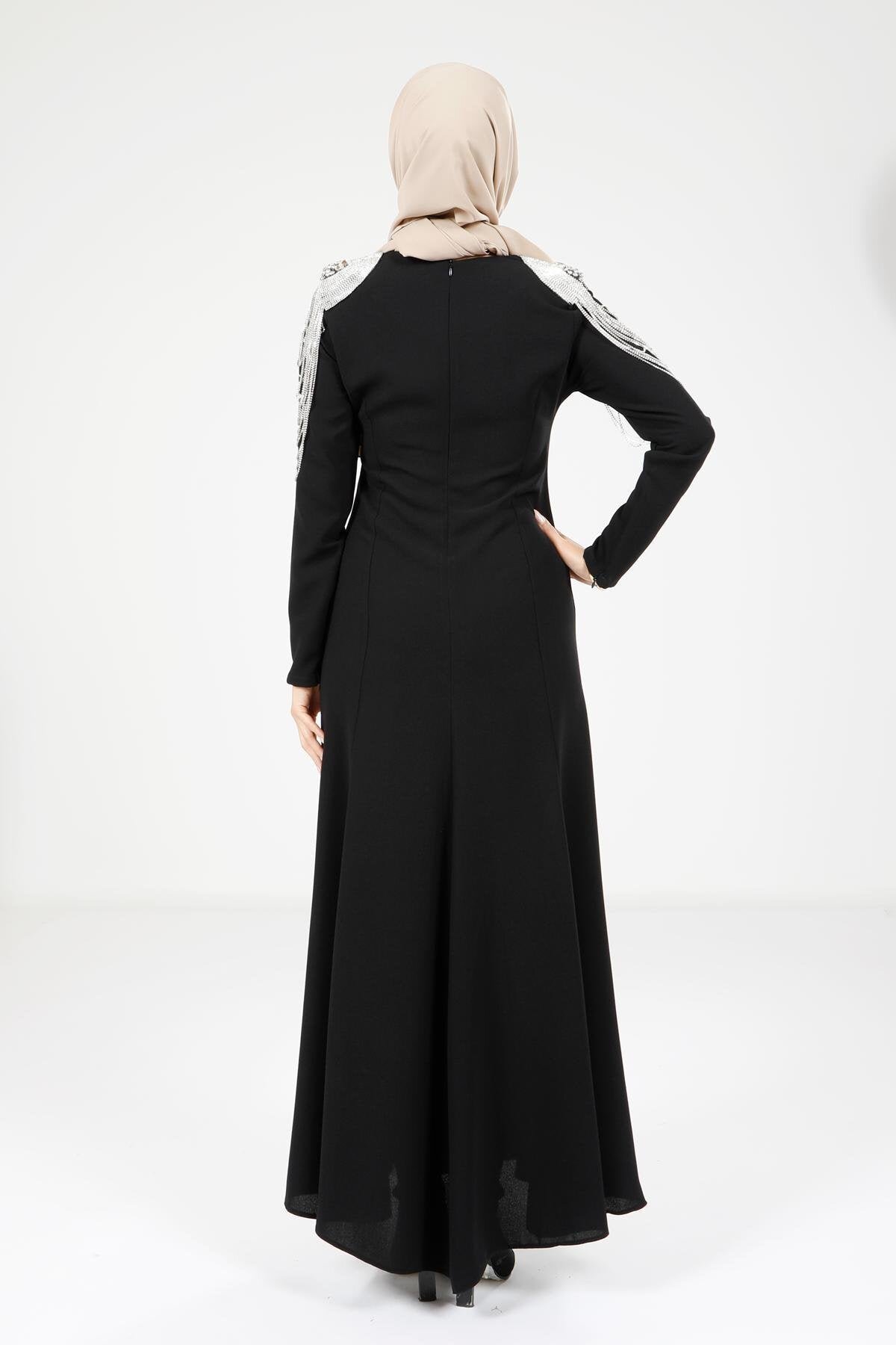 Modest Evening Jeweled Dress - Black - Beyza