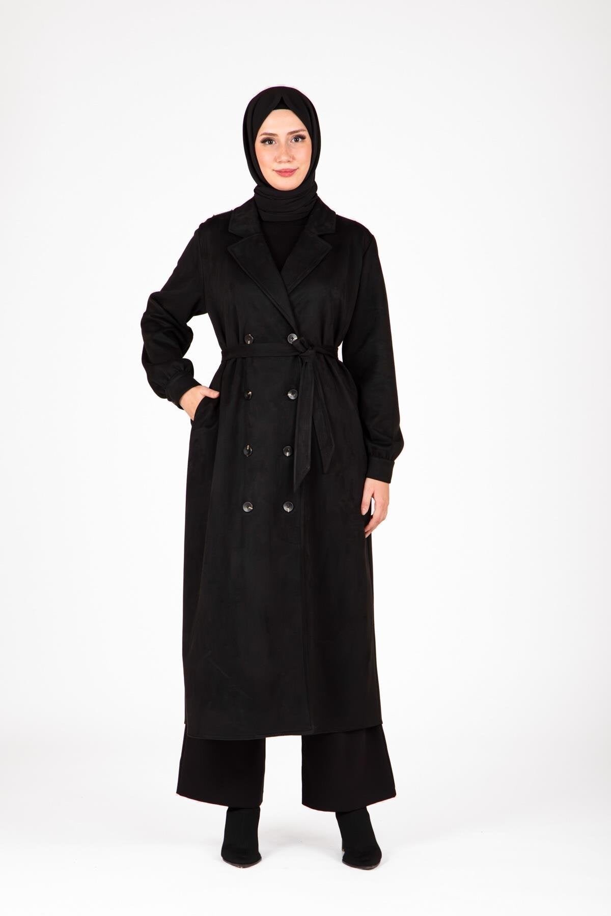 Trench-Style Belted Button-Detailed Abaya - Black - Beyza