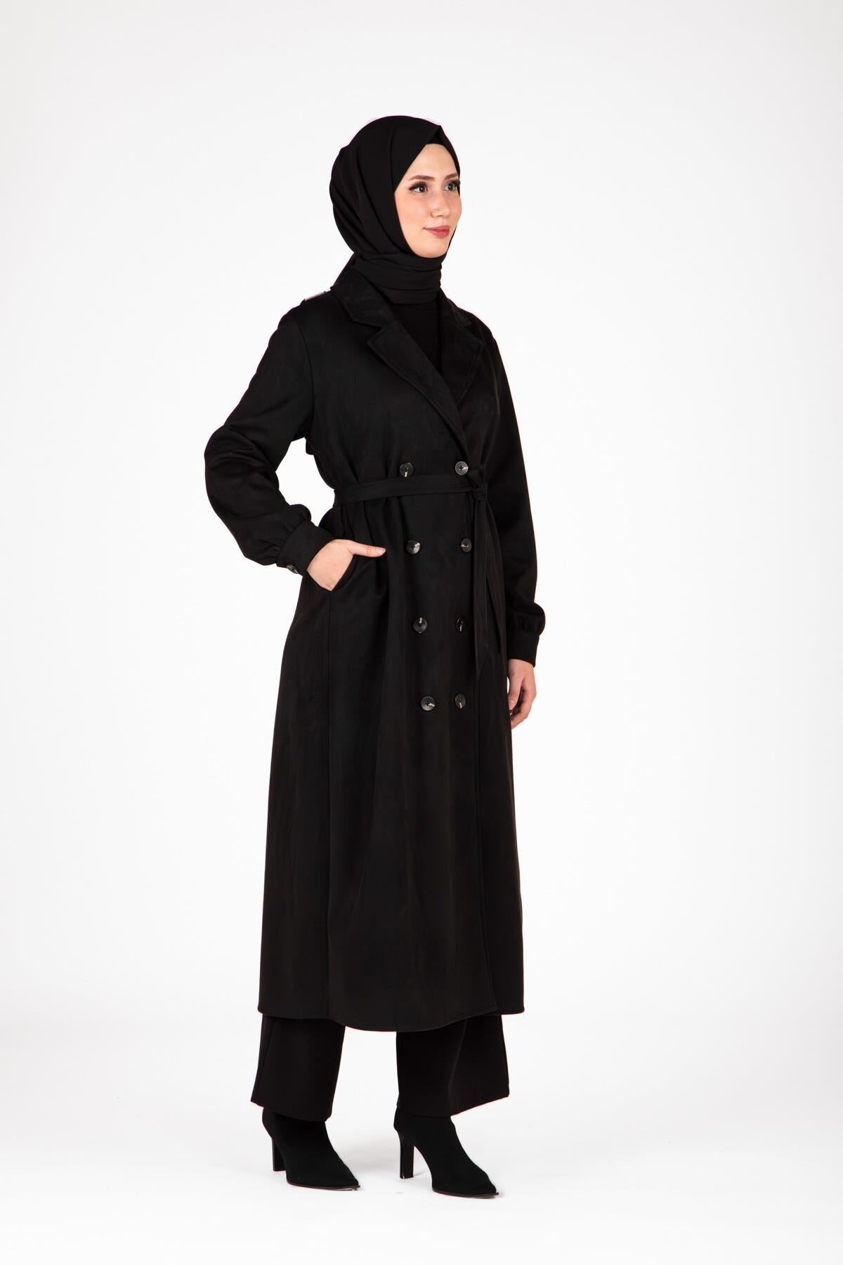 Trench-Style Belted Button-Detailed Abaya - Black - Beyza