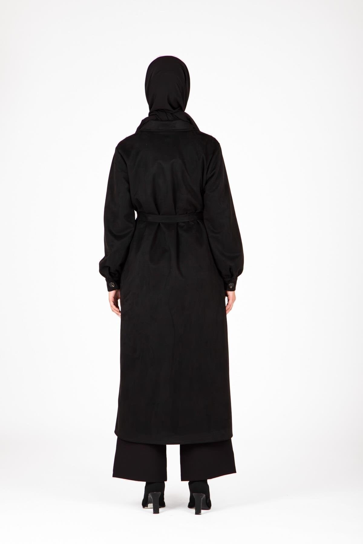 Trench-Style Belted Button-Detailed Abaya - Black - Beyza