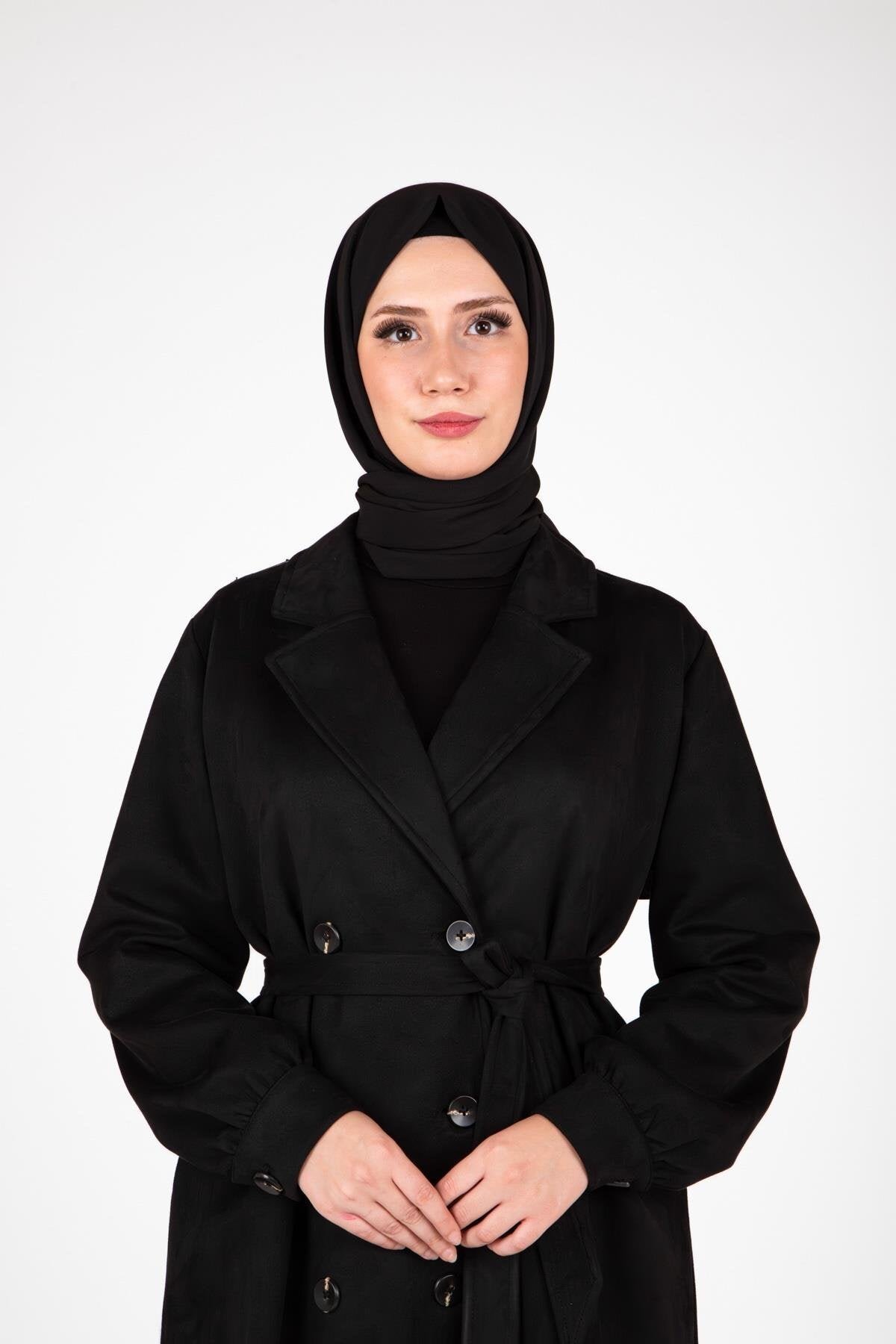 Trench-Style Belted Button-Detailed Abaya - Black - Beyza