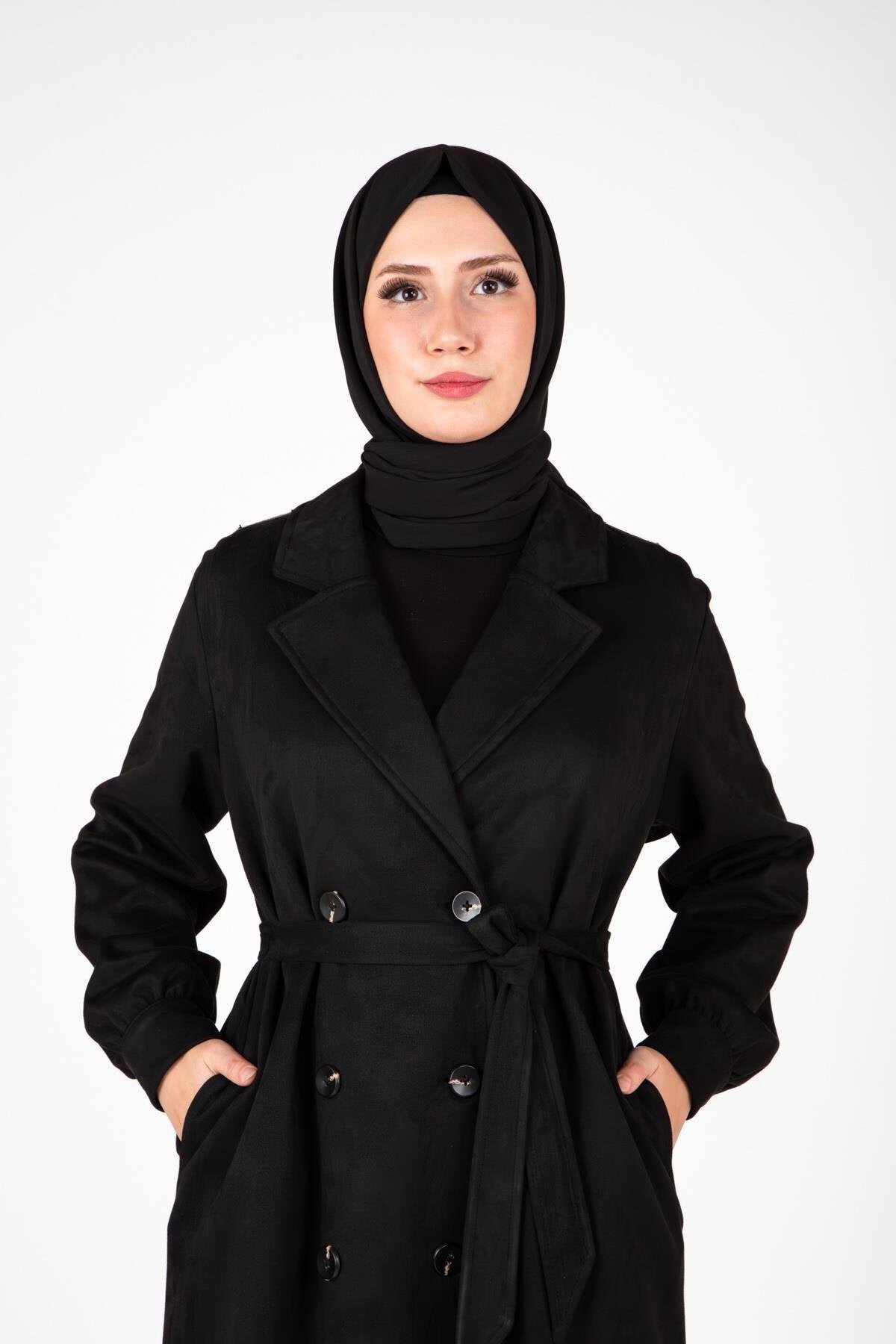 Trench-Style Belted Button-Detailed Abaya - Black - Beyza