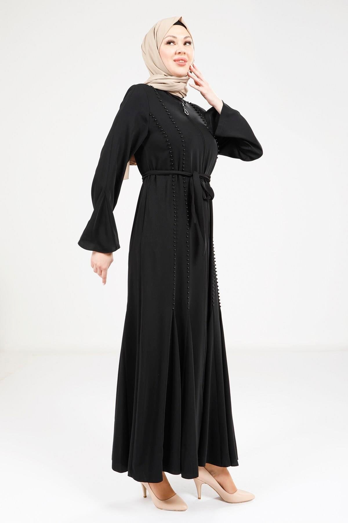 Ruffled Abaya - Black - Beyza