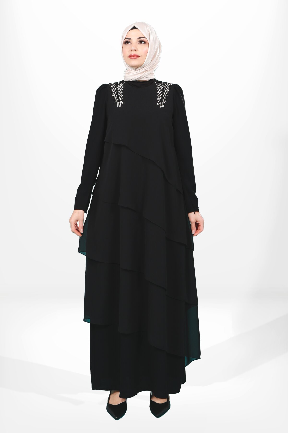 Ruffled Stone-Detail Shoulder Modest Evening Dress - Black - Beyza