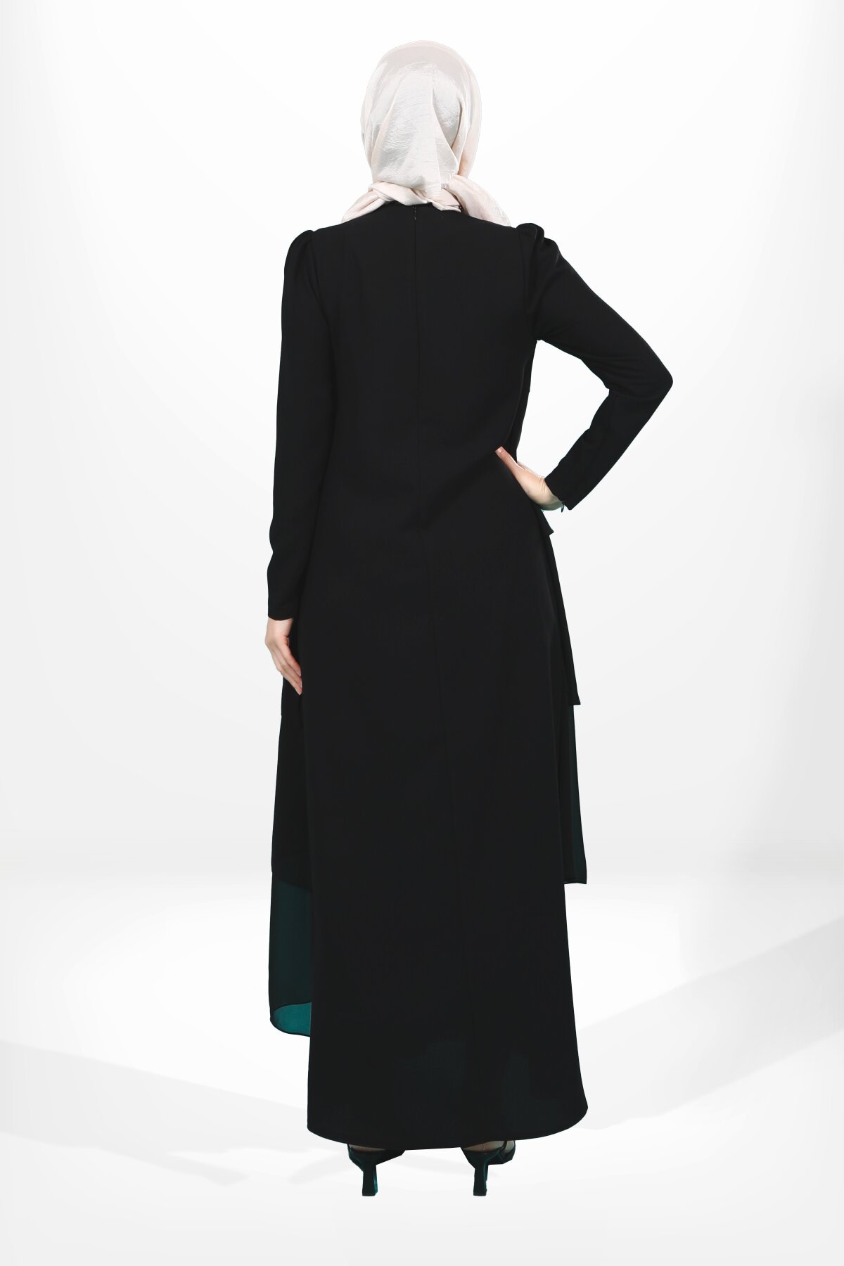 Ruffled Stone-Detail Shoulder Modest Evening Dress - Black - Beyza