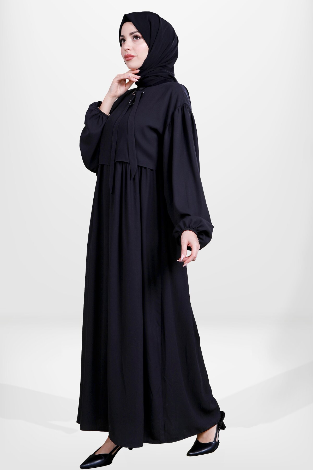 Bolero-Detail Tie-Neck Abaya - Black - Beyza