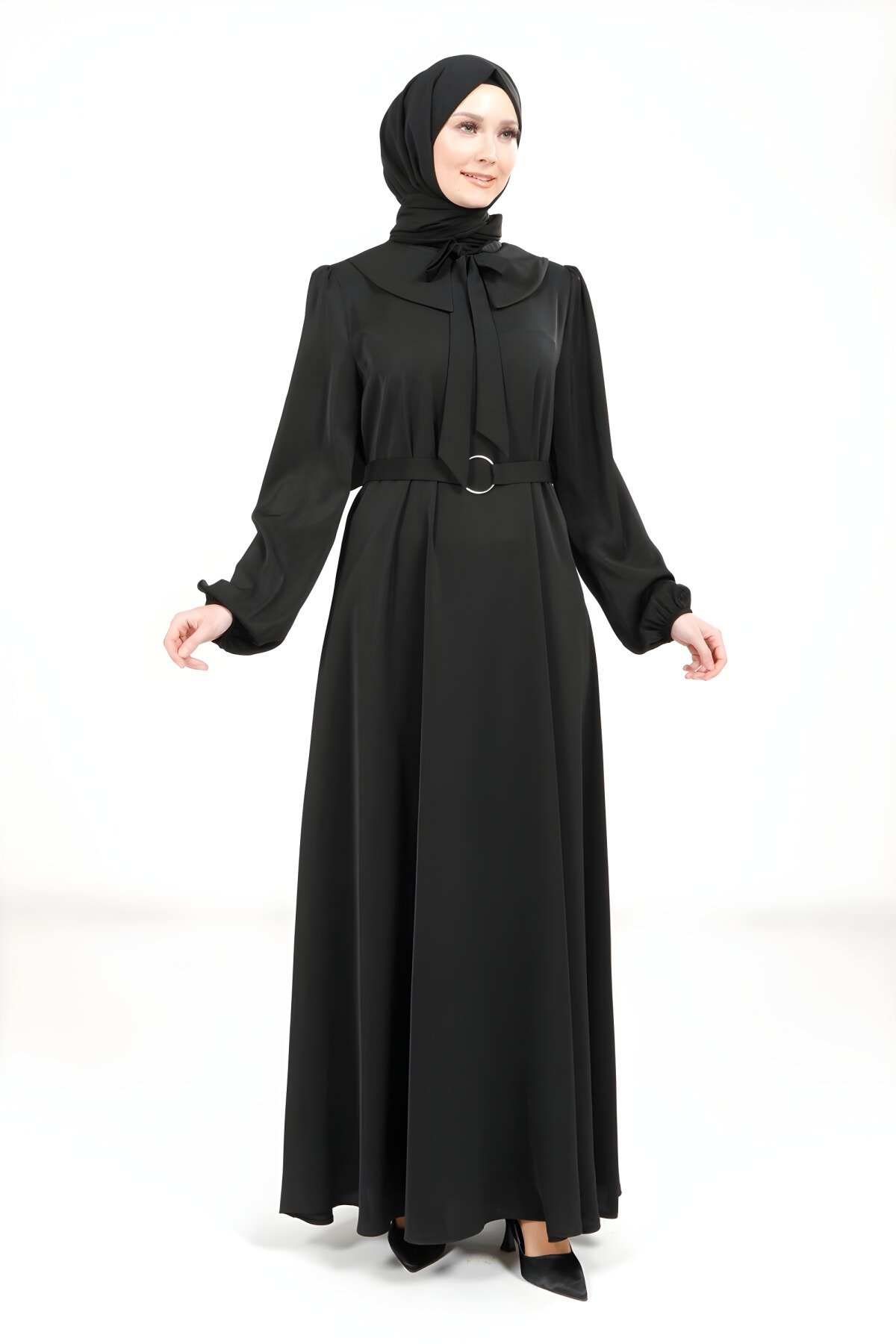 Siyah Yakası Kurdele Beli Kuşak Detaylı Tesettür Elbise - Beyza