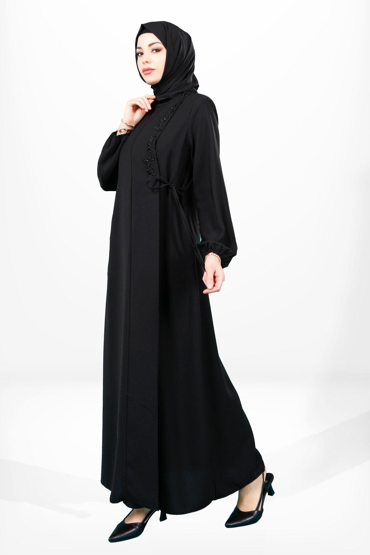 Side-Tie Embroidered Abaya - Black - Beyza