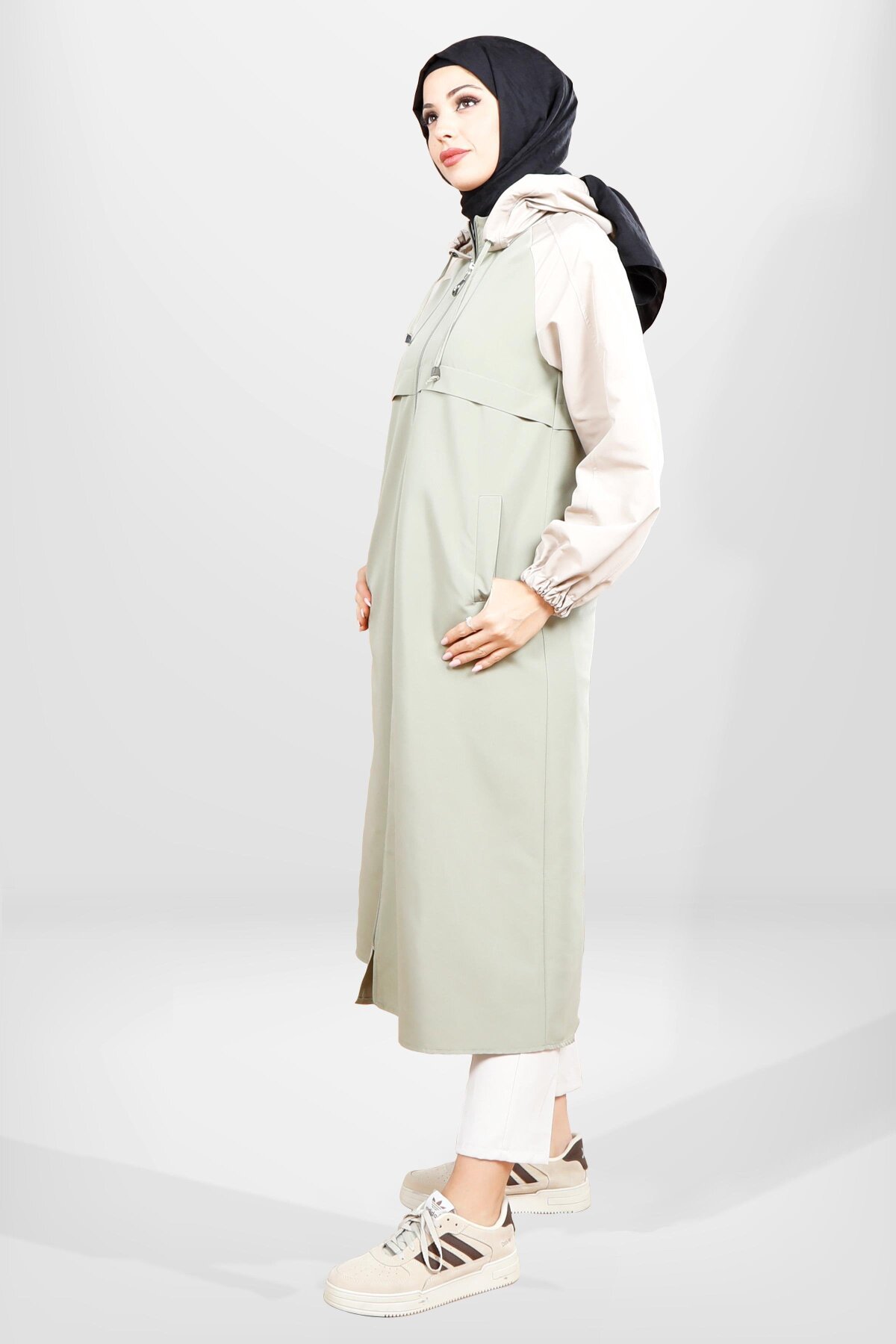 Hooded Trimmed Trench Coat - Mint Green - Beyza